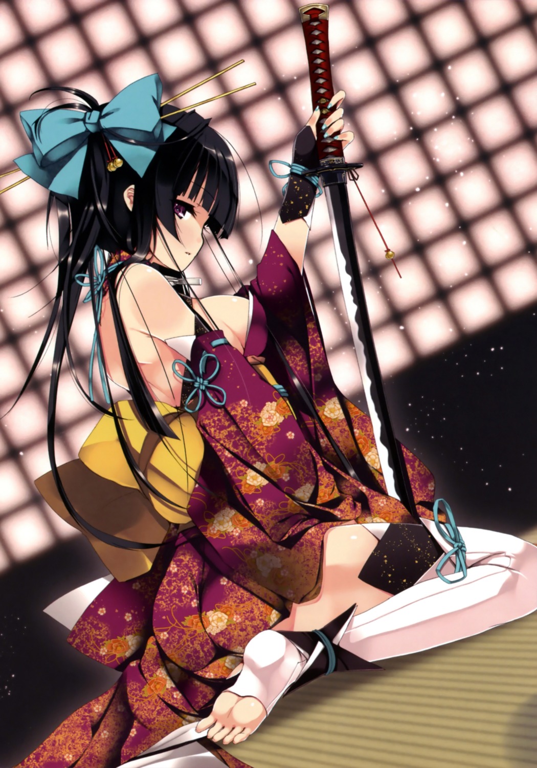 feet kimono no_bra refeia sword thighhighs