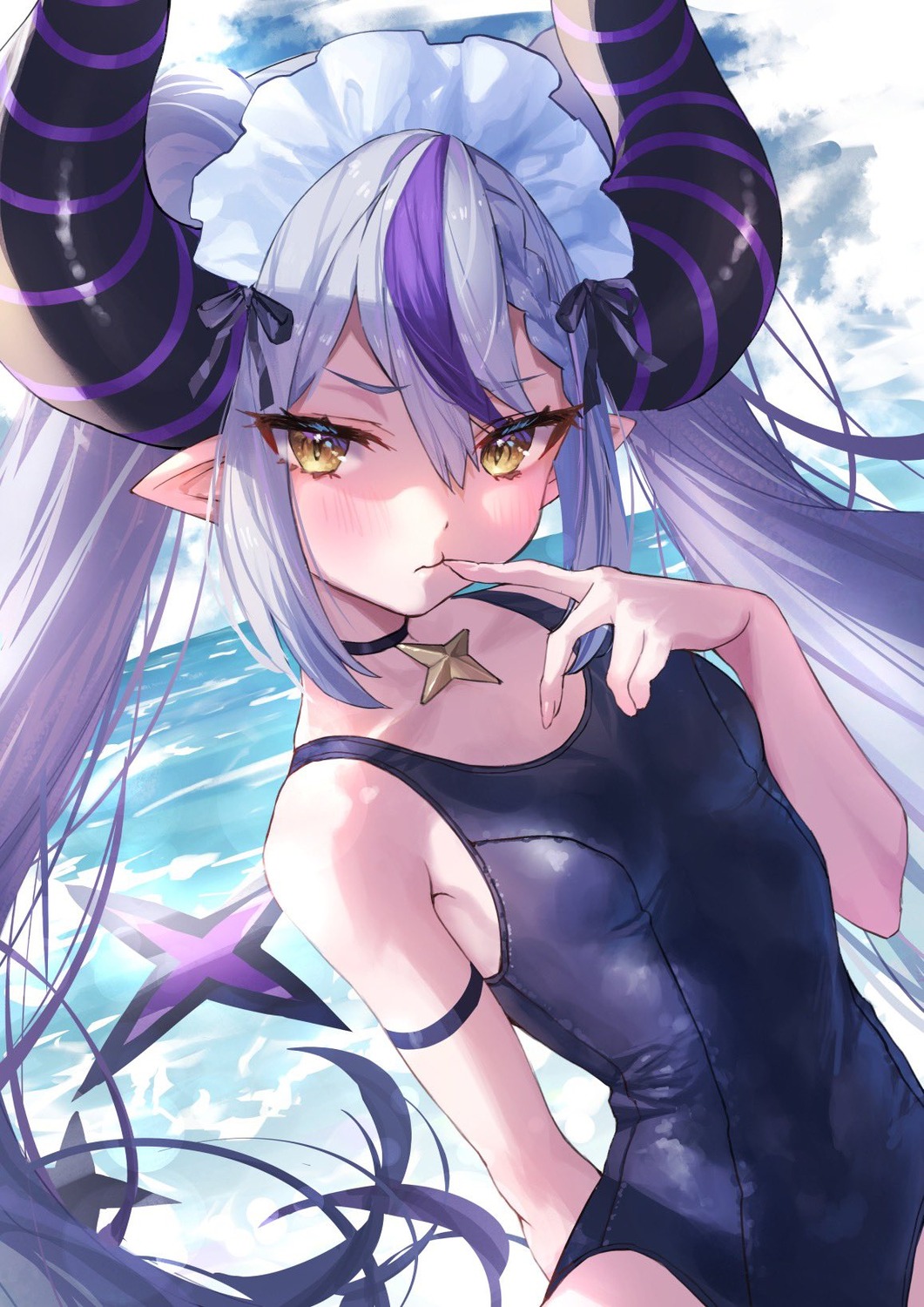 hololive horns la+_darknesss loli misekiss pointy_ears school_swimsuit swimsuits tail