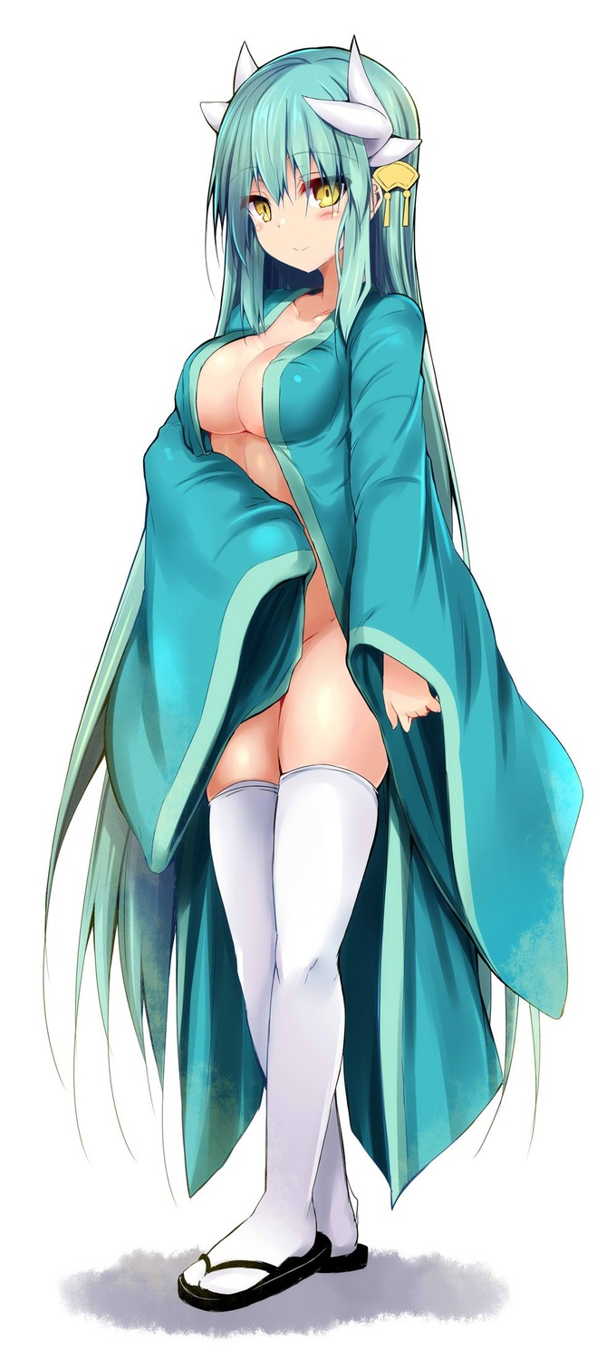 fate/grand_order horns kimono kiyohime_(fate/grand_order) no_bra nopan open_shirt sen_(astronomy) thighhighs