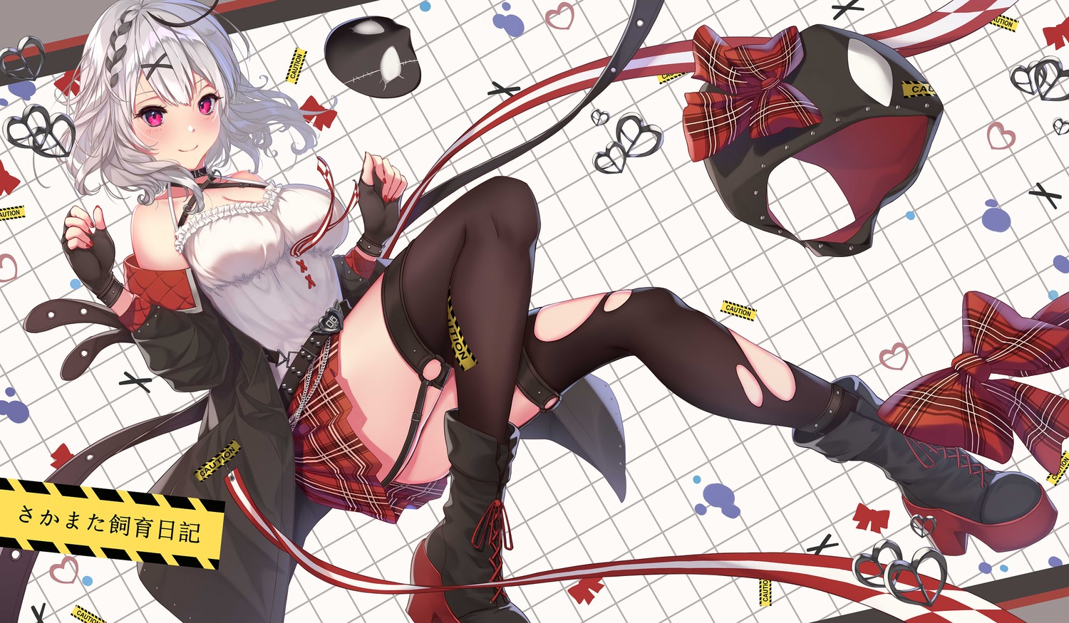 cleavage heels hololive kurenaiz sakamata_chloe skirt_lift stockings thighhighs torn_clothes