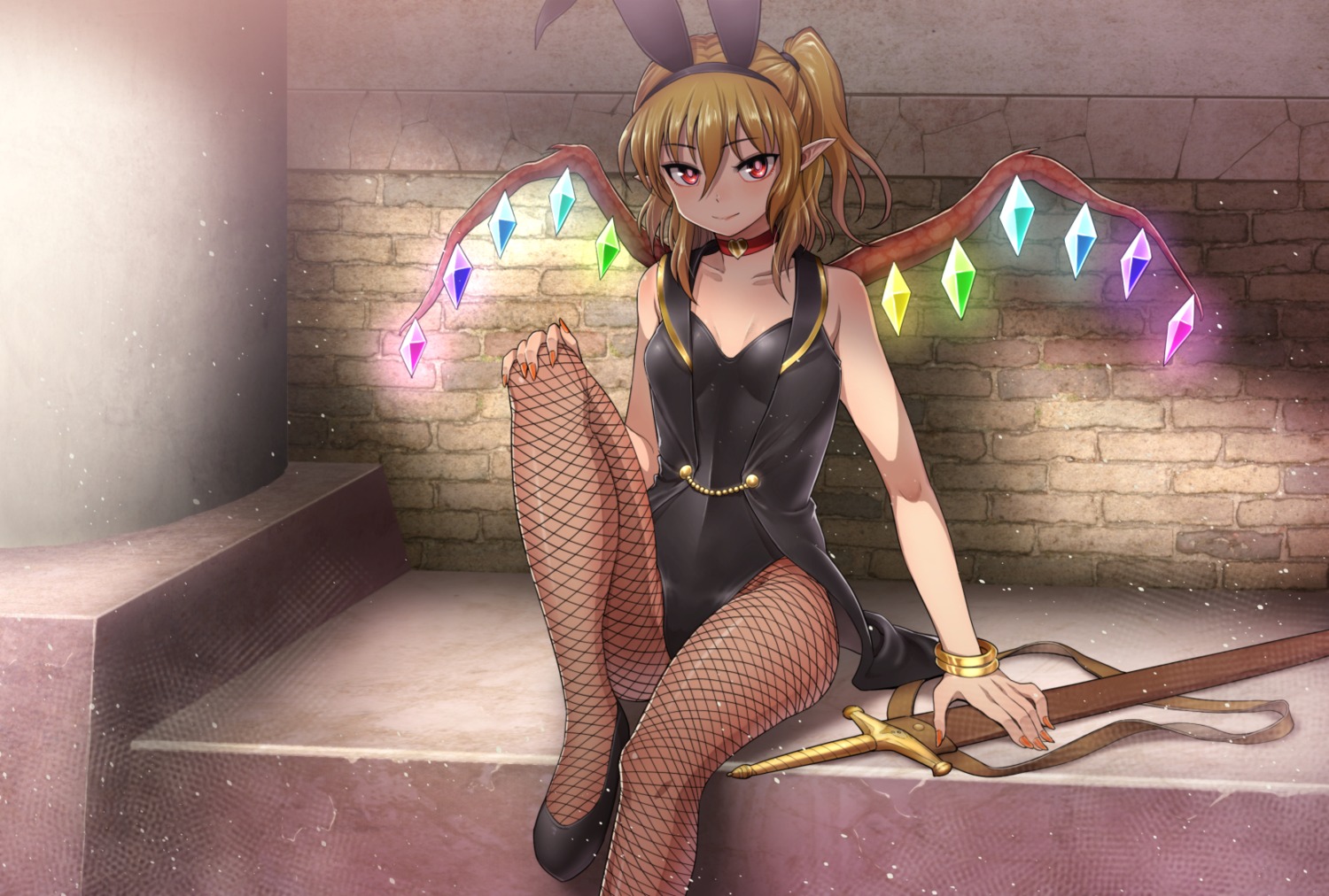 animal_ears bunny_ears bunny_girl chiaki_rakutarou cleavage fishnets flandre_scarlet pantyhose pointy_ears sword touhou wings