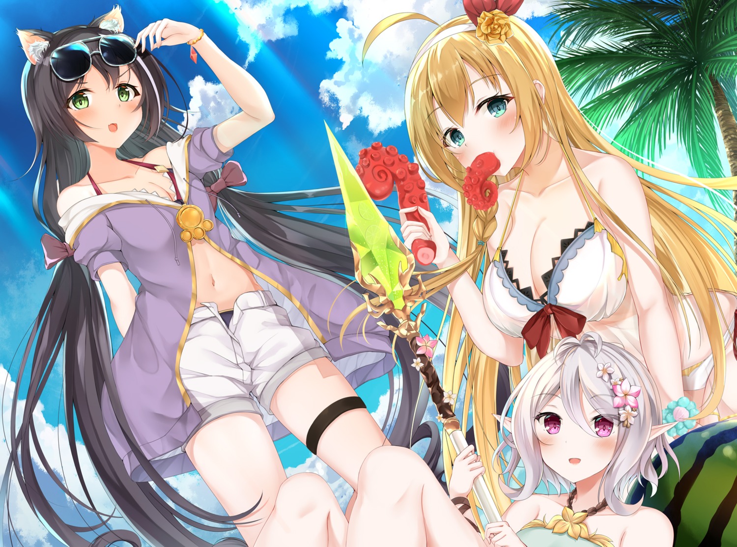 animal_ears bikini cleavage garter hiiragi_ringo karyl_(princess_connect) kokkoro megane nekomimi open_shirt pecorine pointy_ears princess_connect! princess_connect!_re:dive swimsuits weapon