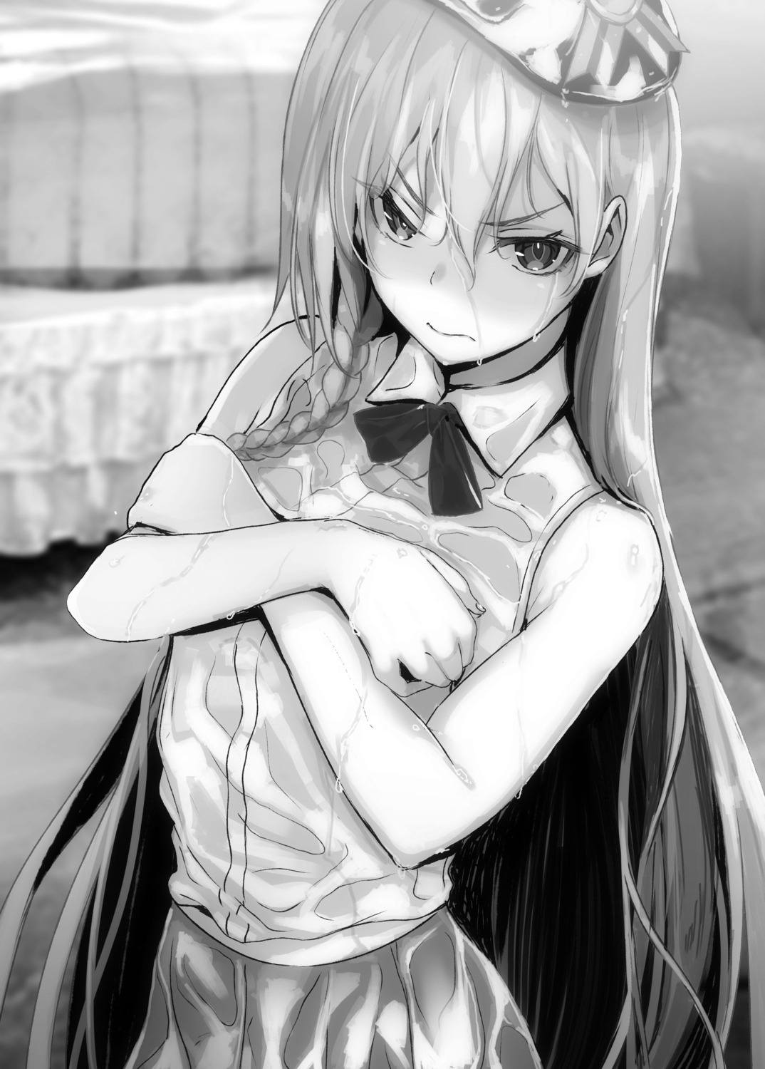 breast_hold monochrome saikyou_degarashi_ouji_no_anyaku_teii_arasoi wet_clothes yuunagi