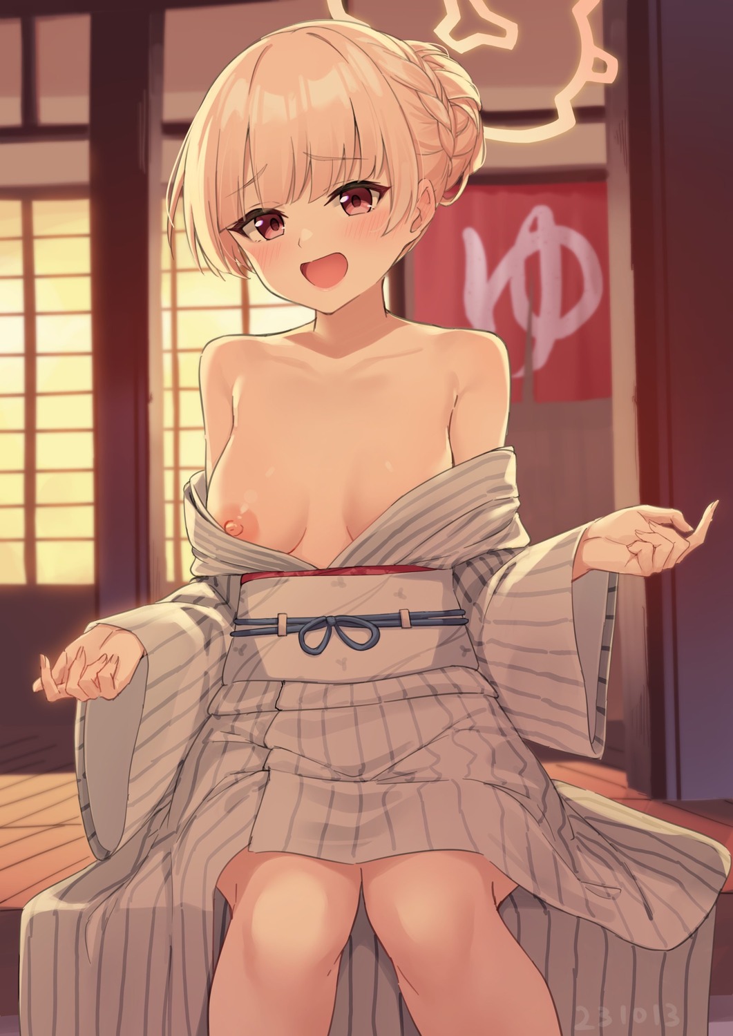 amami_nodoka blue_archive halo nipples no_bra open_shirt pizza_(artist) yukata