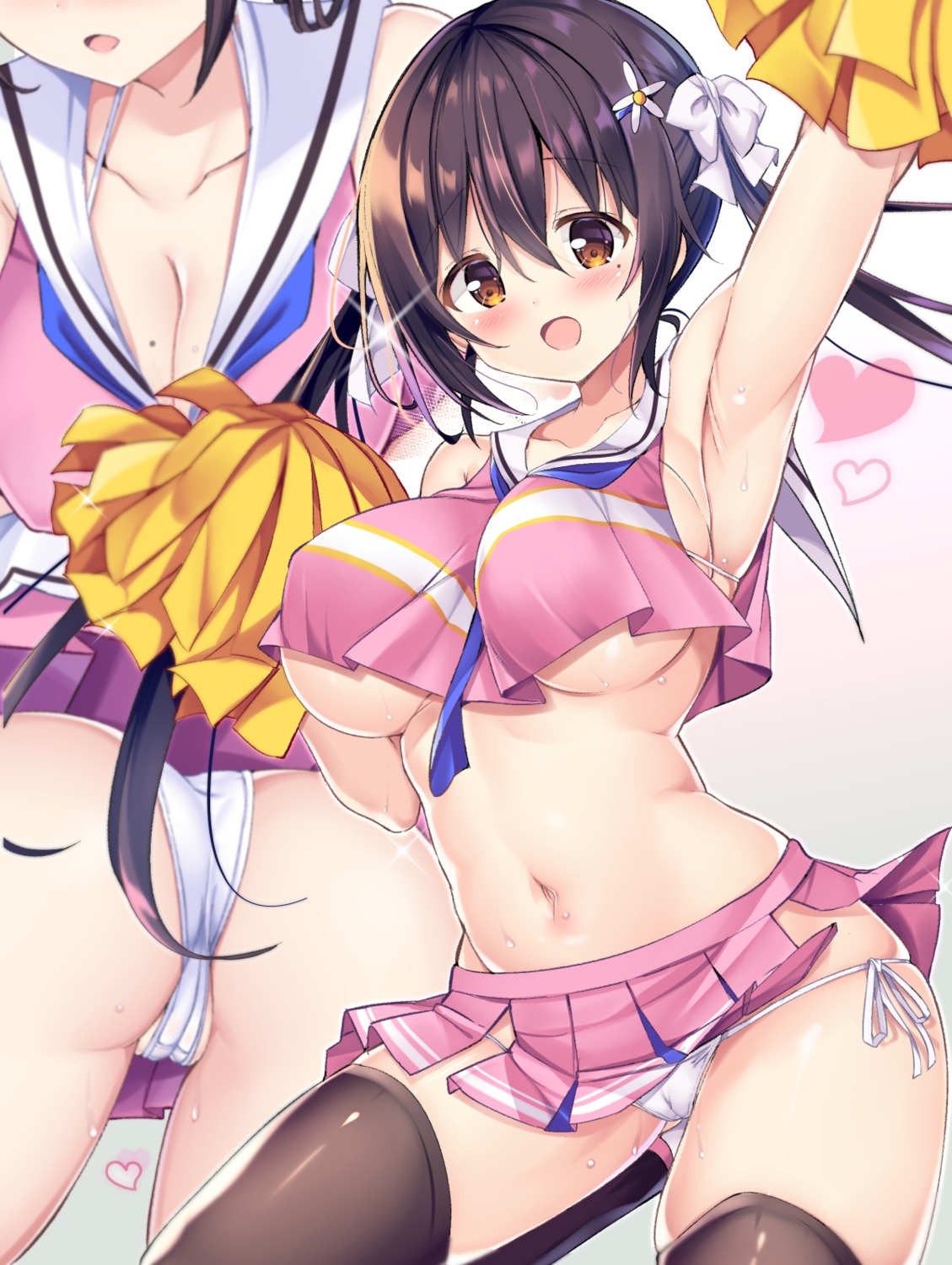 ass cameltoe cheerleader cleavage kurou_(quadruple_zero) no_bra pantsu skirt_lift string_panties thighhighs underboob