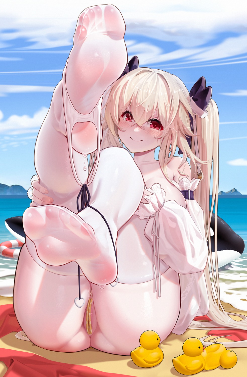 anchorage_(azur_lane) azur_lane bandaid bikini feet maebari manzai_sugar panty_pull pubic_hair see_through swimsuits thighhighs