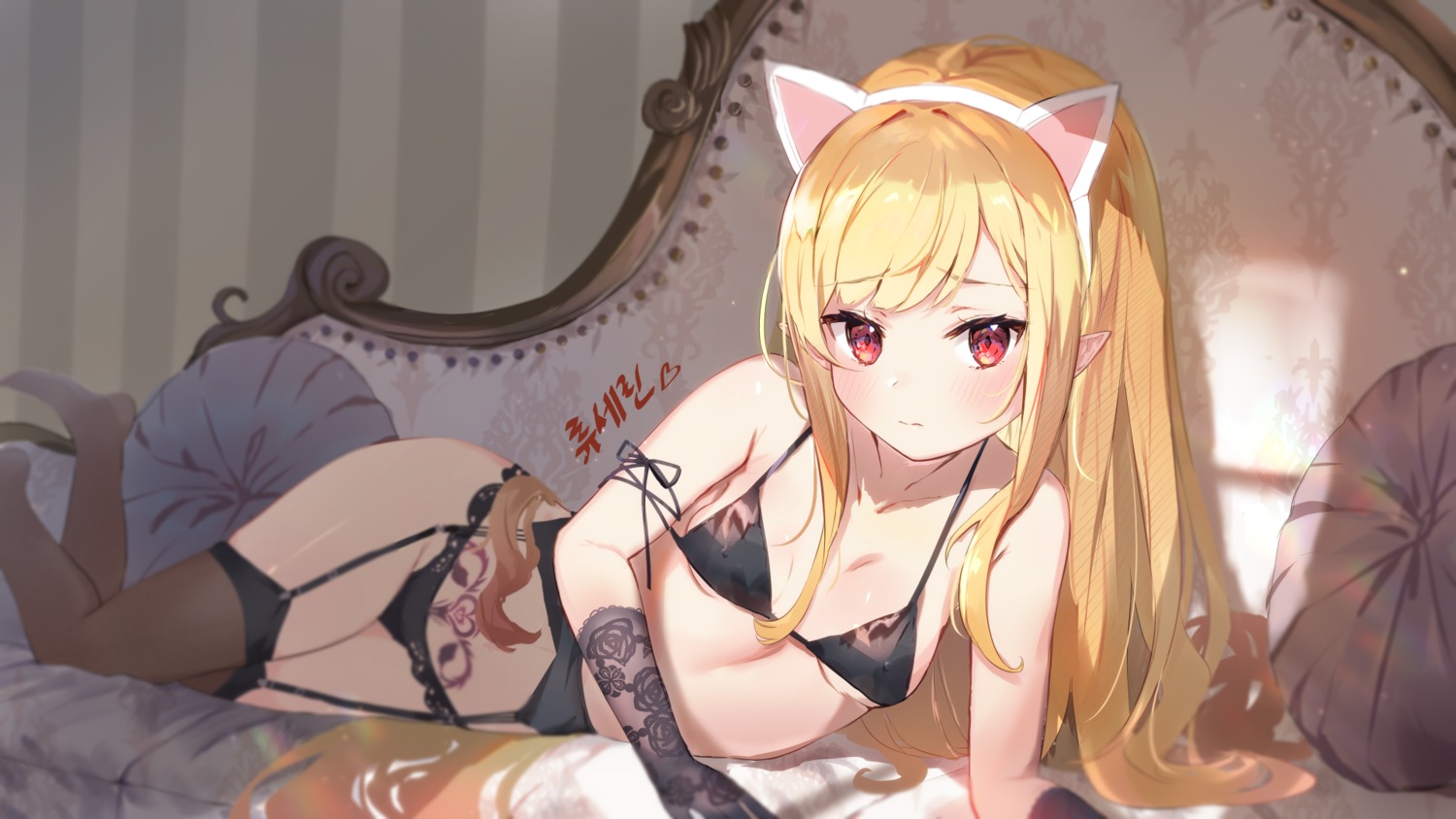 animal_ears bra erect_nipples garter_belt nekomimi omelet_tomato pantsu pointy_ears stockings tattoo thighhighs wallpaper