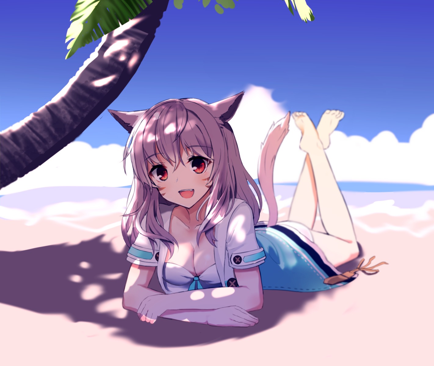 animal_ears bikini cleavage final_fantasy final_fantasy_xiv miqo'te naitsu open_shirt swimsuits tail