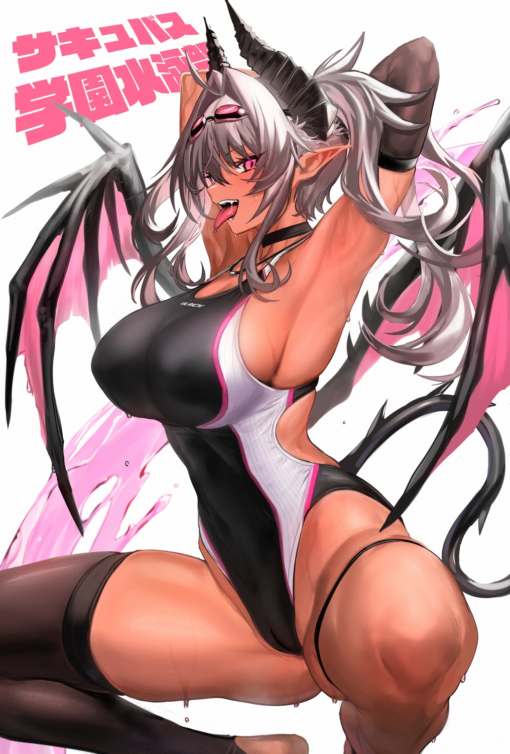 artist_revision cameltoe erect_nipples horns pointy_ears swimsuits tail thighhighs ulrich_(tagaragakuin) wings