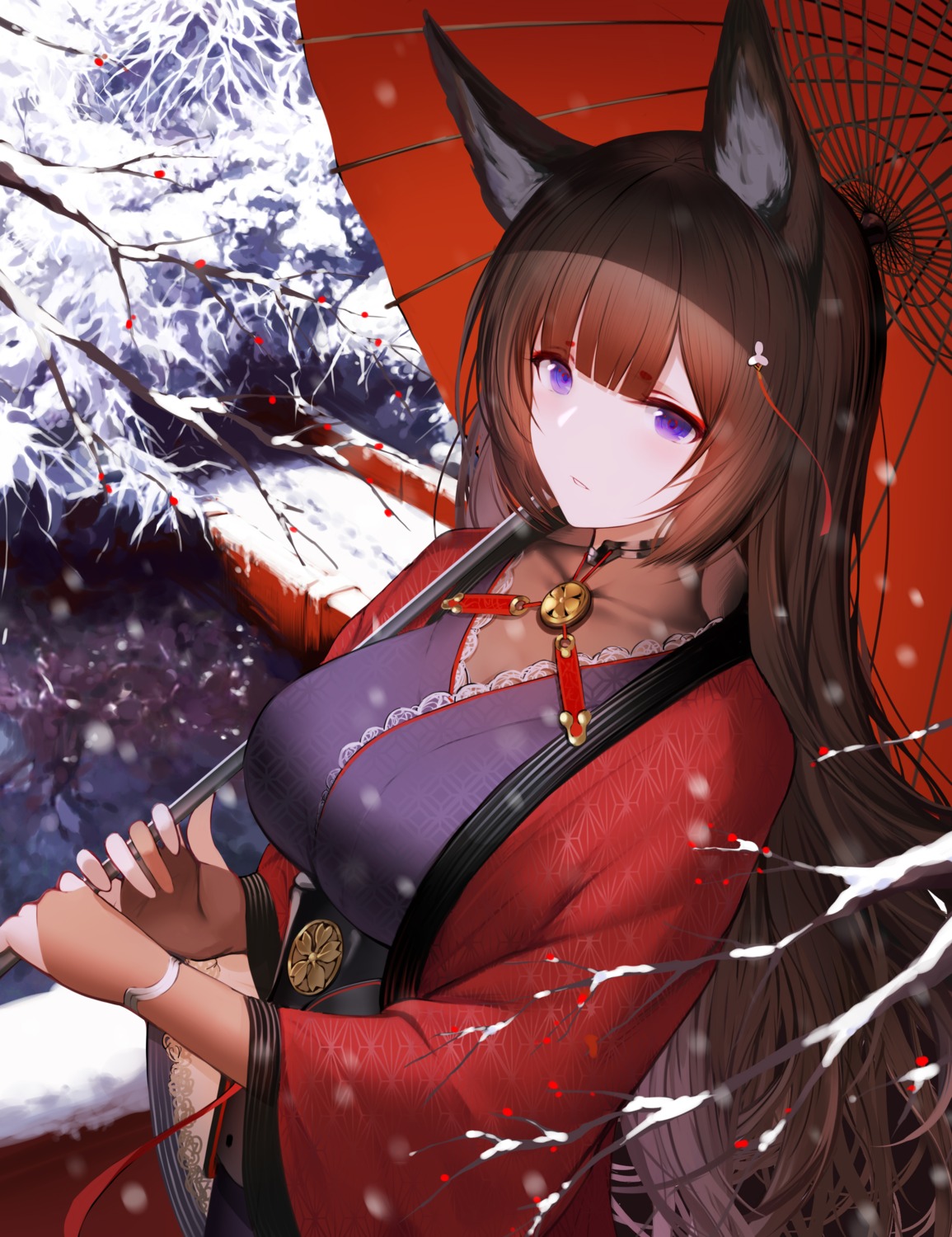 amagi_(azur_lane) an_yasuri animal_ears artist_revision azur_lane japanese_clothes kitsune umbrella