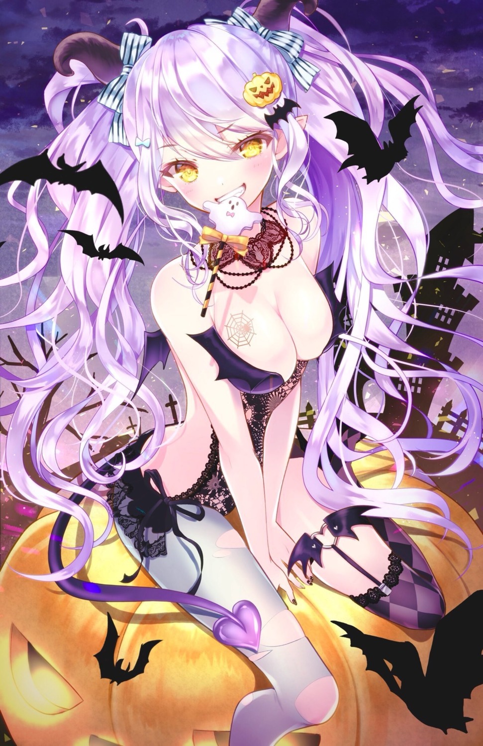 fishnets garter halloween horns no_bra nopan pointy_ears stockings tail tattoo thighhighs torn_clothes wings yuga-