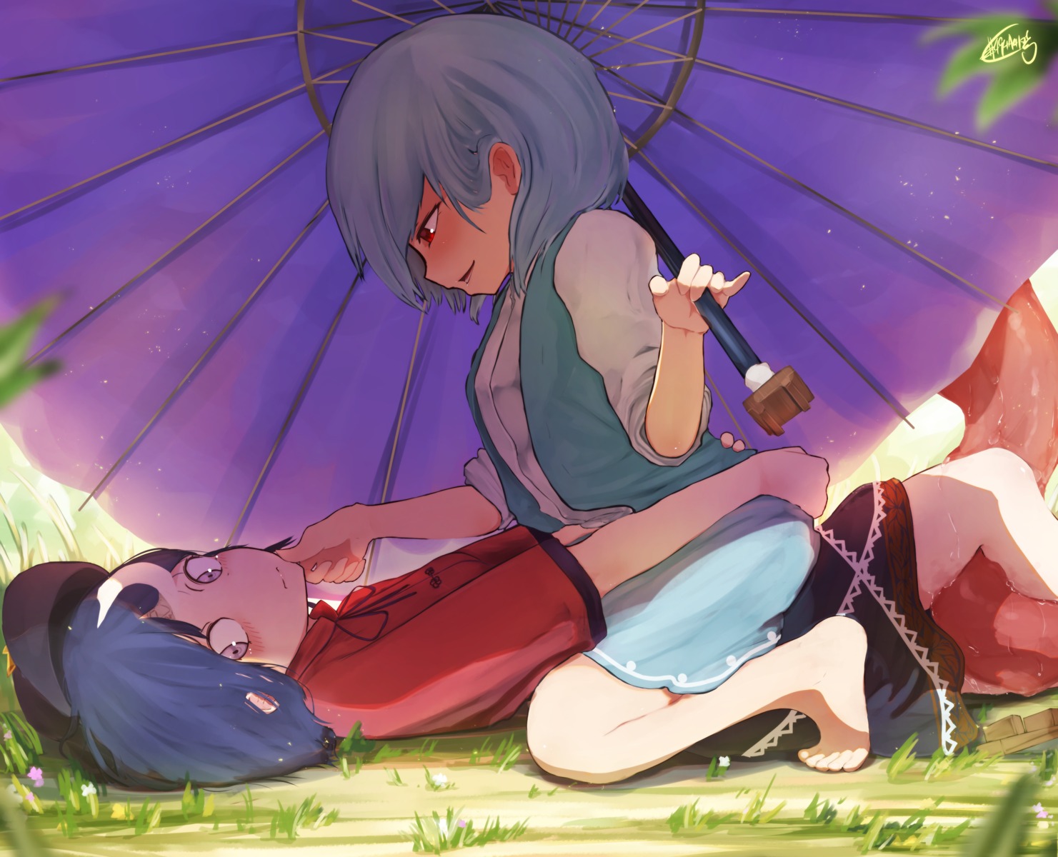 miyako_yoshika senzaicha_kasukadoki tatara_kogasa touhou umbrella yuri