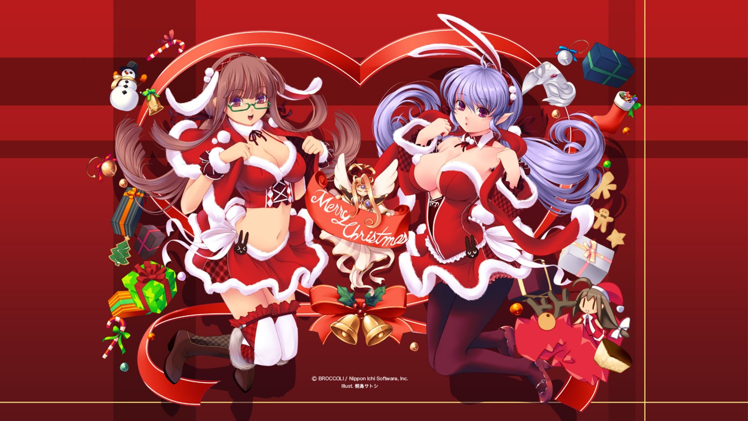 angel animal_ears bunny_ears chibi christmas cleavage dress heels kirishima_satoshi megane no_bra pantyhose thighhighs wings z/x_zillions_of_enemy_x