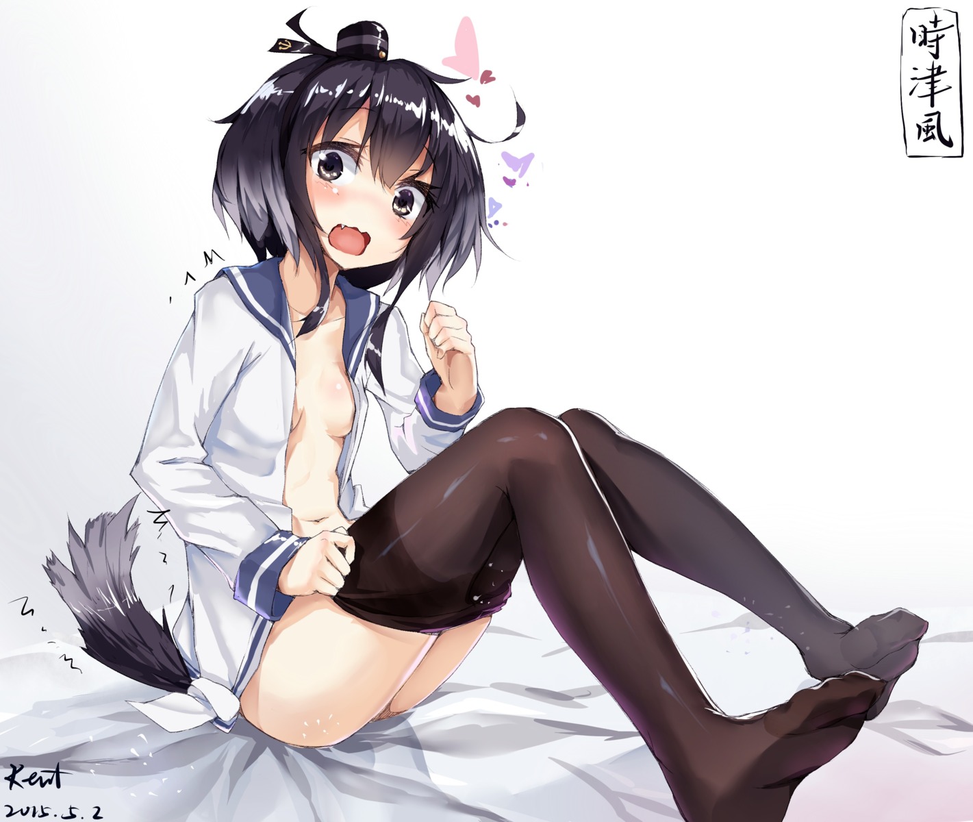 cleavage kantai_collection kentia no_bra open_shirt pantyhose tail tokitsukaze_(kancolle) undressing