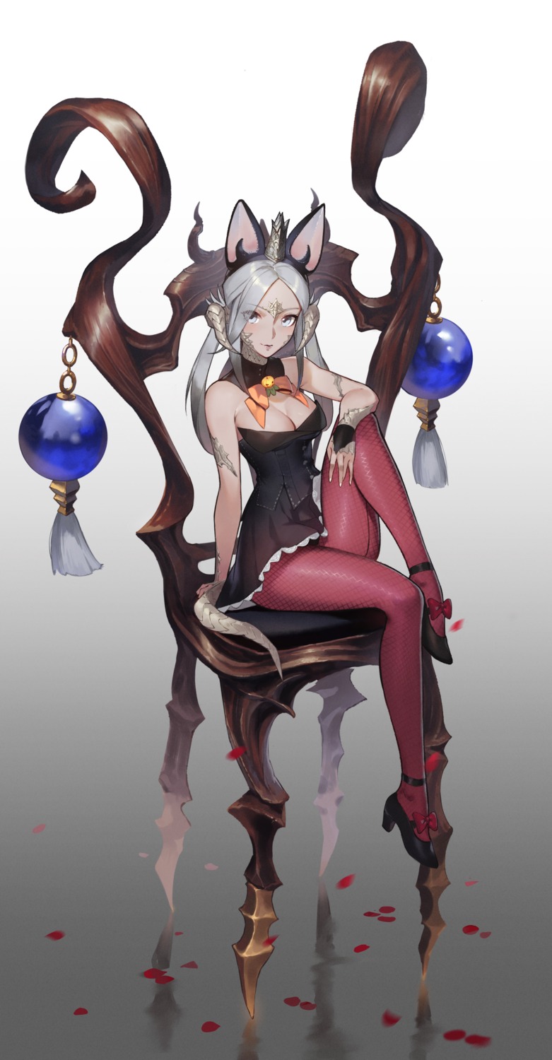 animal_ears au_ra cleavage dress duan_henglong final_fantasy final_fantasy_xiv fishnets heels horns pantyhose tail