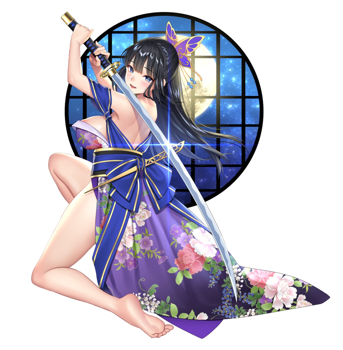 areola feet gang_of_heaven japanese_clothes no_bra open_shirt re:shimashima sword