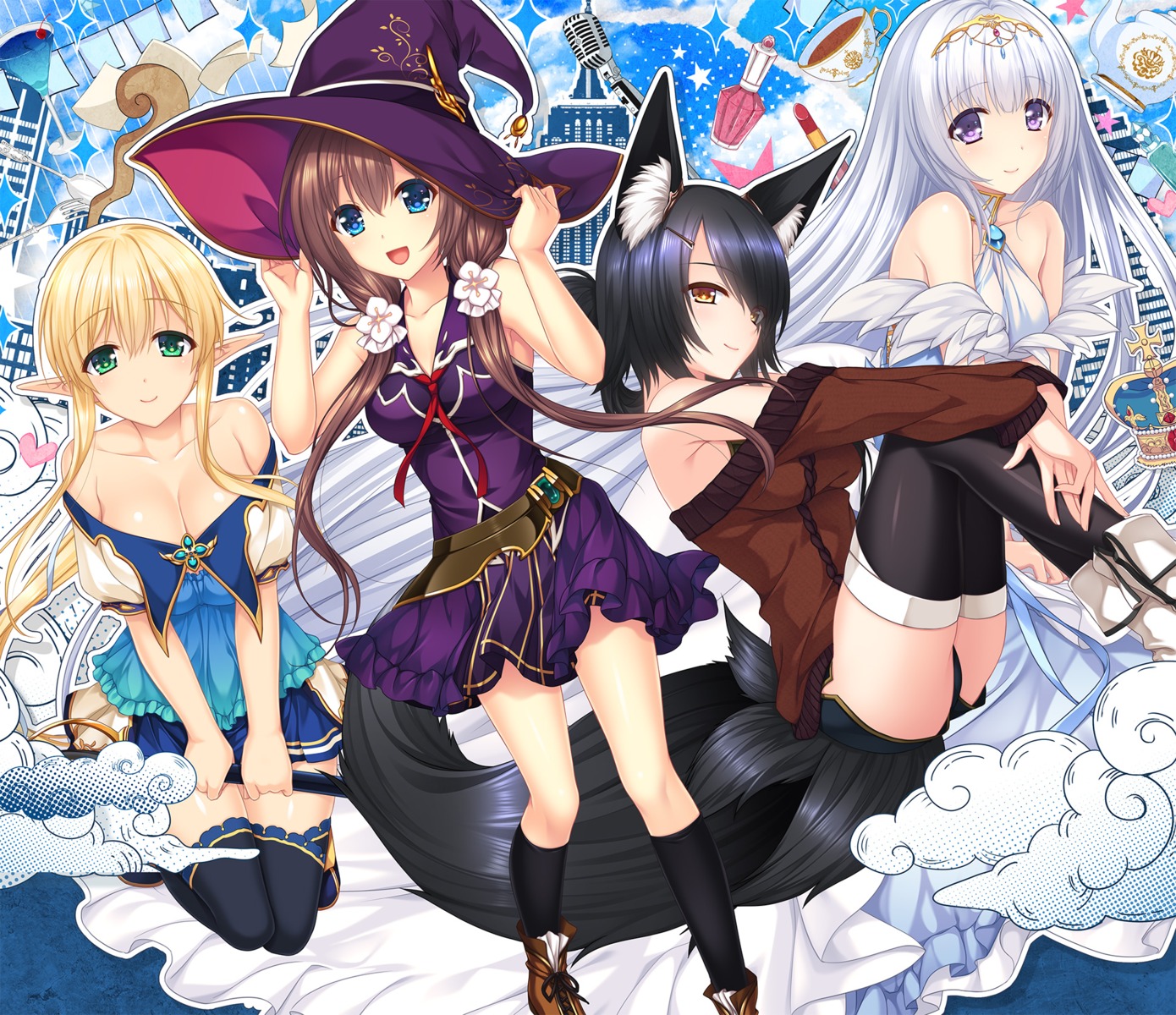 animal_ears cleavage cosmic_cute dress muutsuki pointy_ears sword tail thighhighs unjou_no_fairy_tale witch