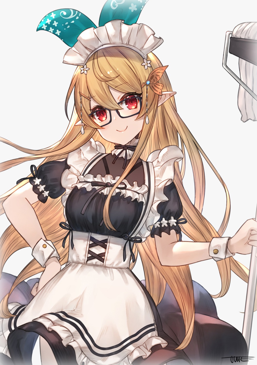 jun_wei maid megane pointy_ears skirt_lift