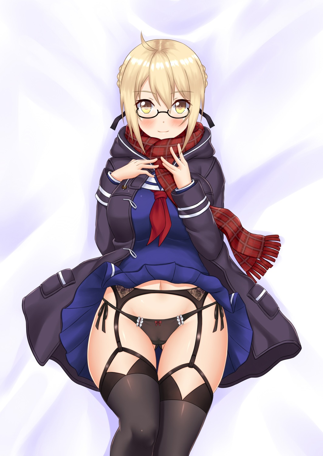 cameltoe chechoski fate/grand_order garter_belt heroine_x_alter megane pantsu seifuku skirt_lift stockings string_panties thighhighs