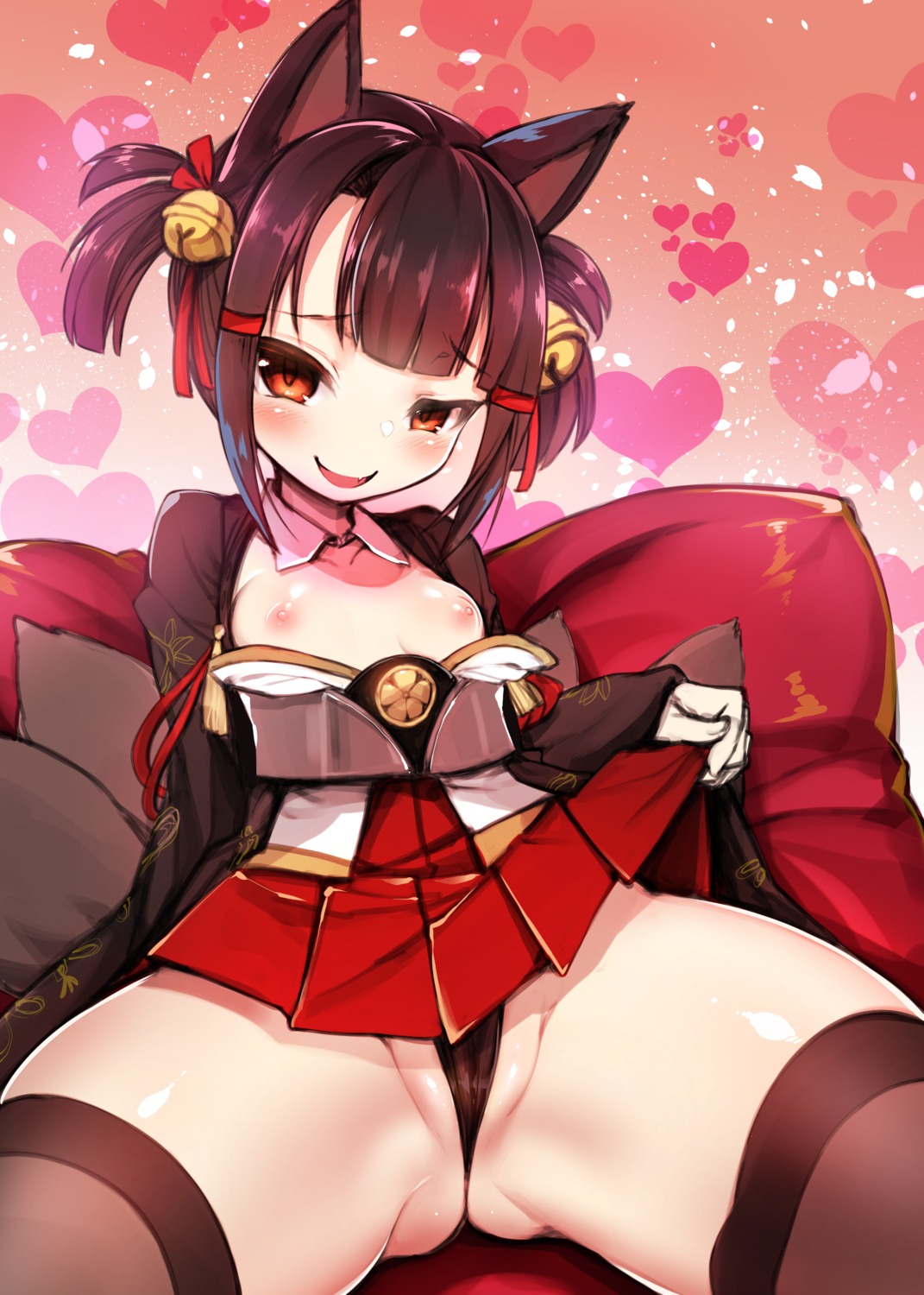 akagi-chan_(azur_lane) akagi_(azur_lane) animal_ears azur_lane breasts cameltoe harigane_shinshi kitsune loli nipples no_bra open_shirt pantsu skirt_lift tail thighhighs thong