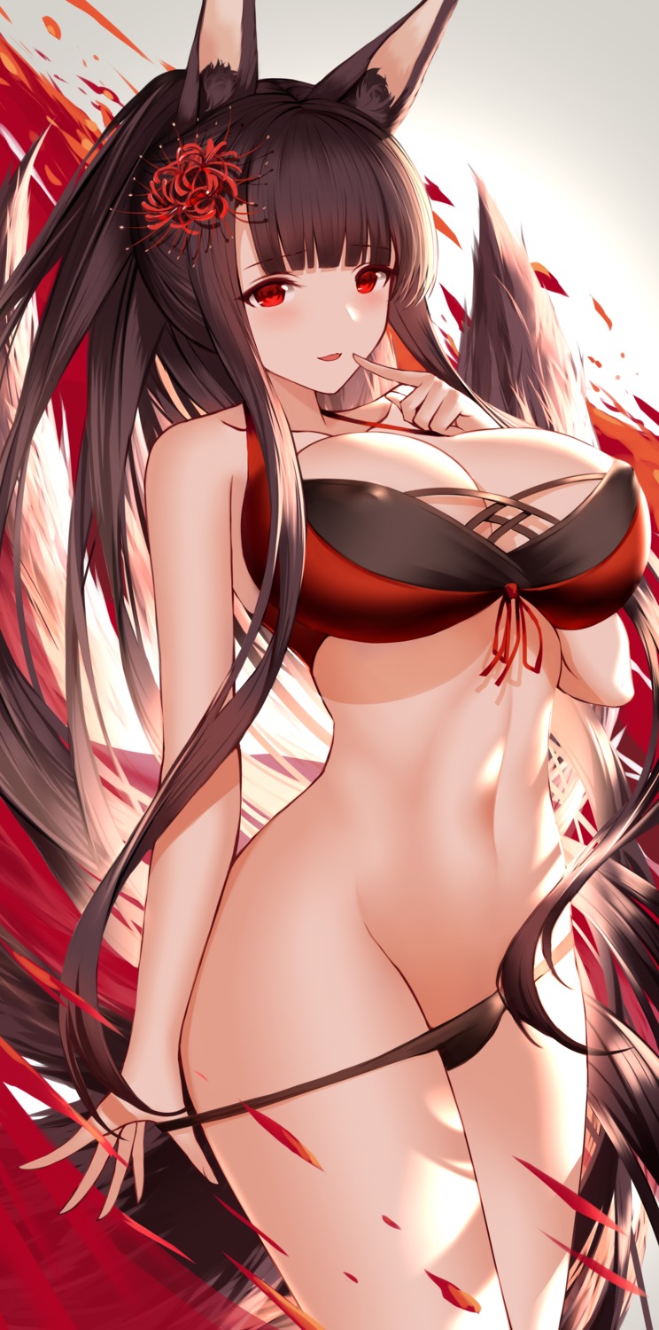 akagi_(azur_lane) an_yasuri animal_ears azur_lane bikini cleavage kitsune panty_pull swimsuits undressing