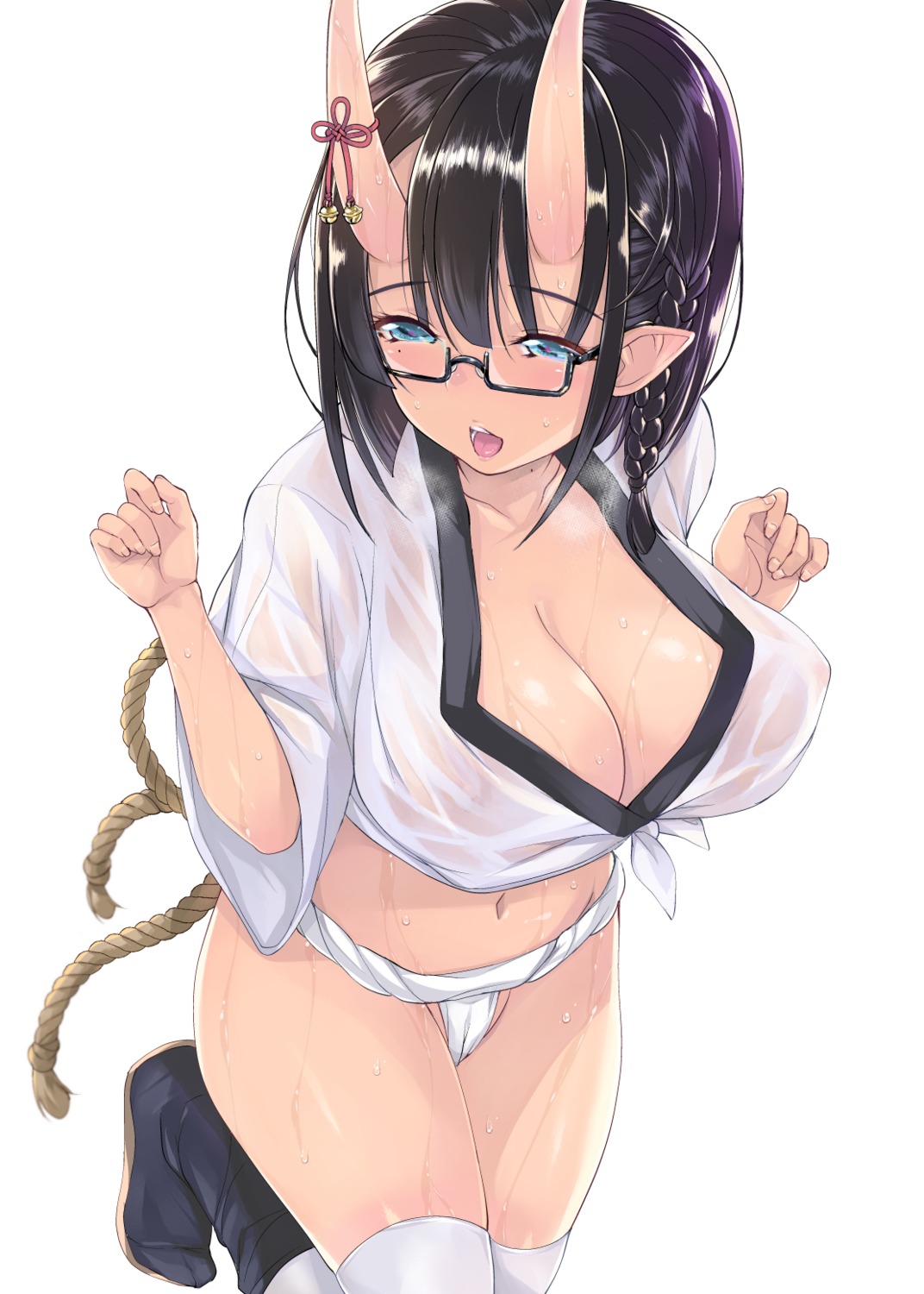 areola cameltoe fundoshi horns japanese_clothes megane no_bra open_shirt see_through senrireiri thighhighs wet wet_clothes