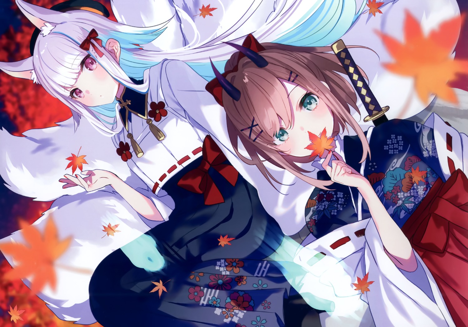 animal_ears chroma_(saine) horns japanese_clothes kitsune lize_helesta nijisanji saine suzuhara_ruru sword tail