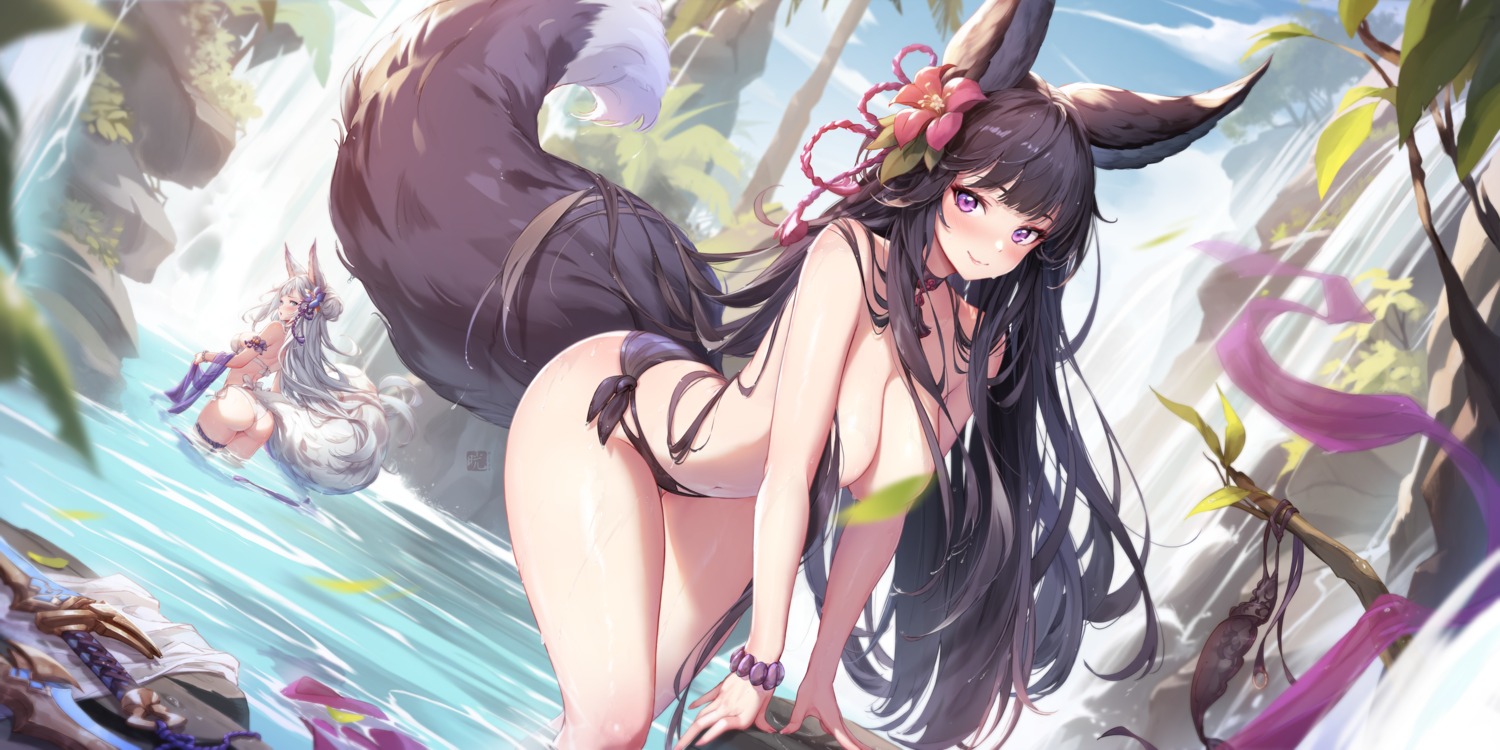 animal_ears ass bikini garter granblue_fantasy mitsu_(mitsu_art) socie_(granblue_fantasy) swimsuits tail thong topless wet yuel_(granblue_fantasy)