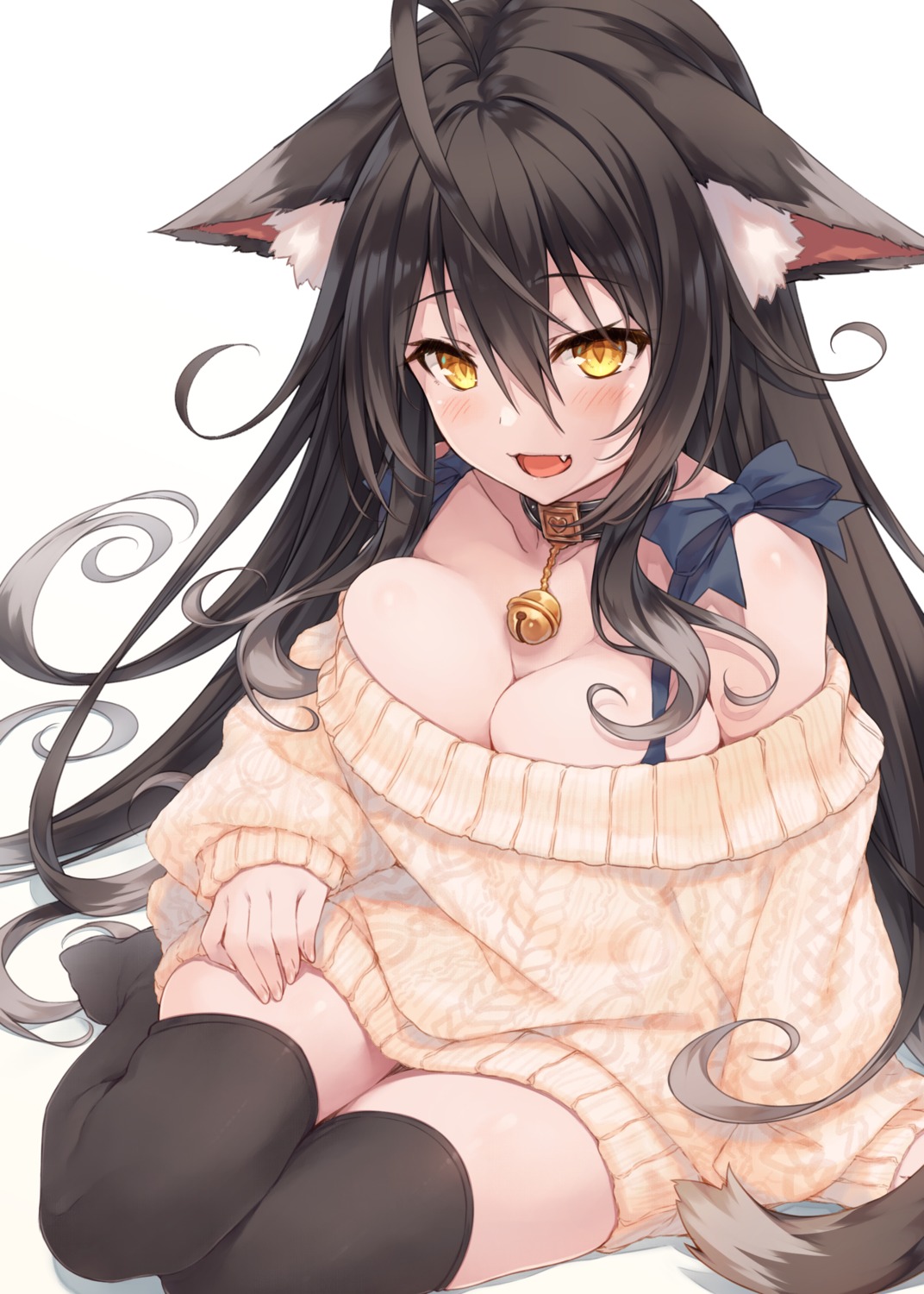 animal_ears dress hasumi_(hasubatake39) nekomimi no_bra sweater tail thighhighs