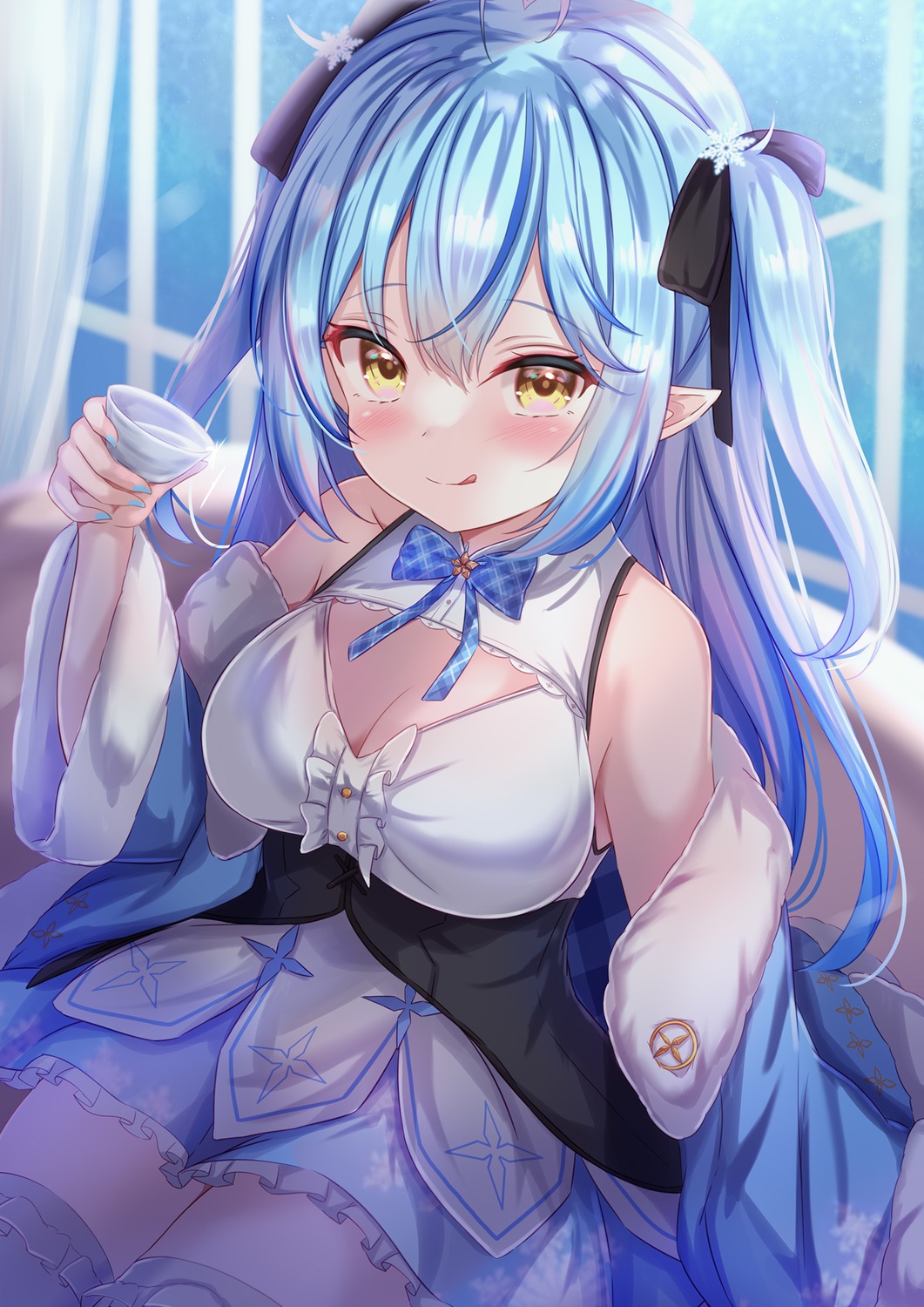 cleavage elf hololive no_bra pointy_ears thighhighs yuano yukihana_lamy