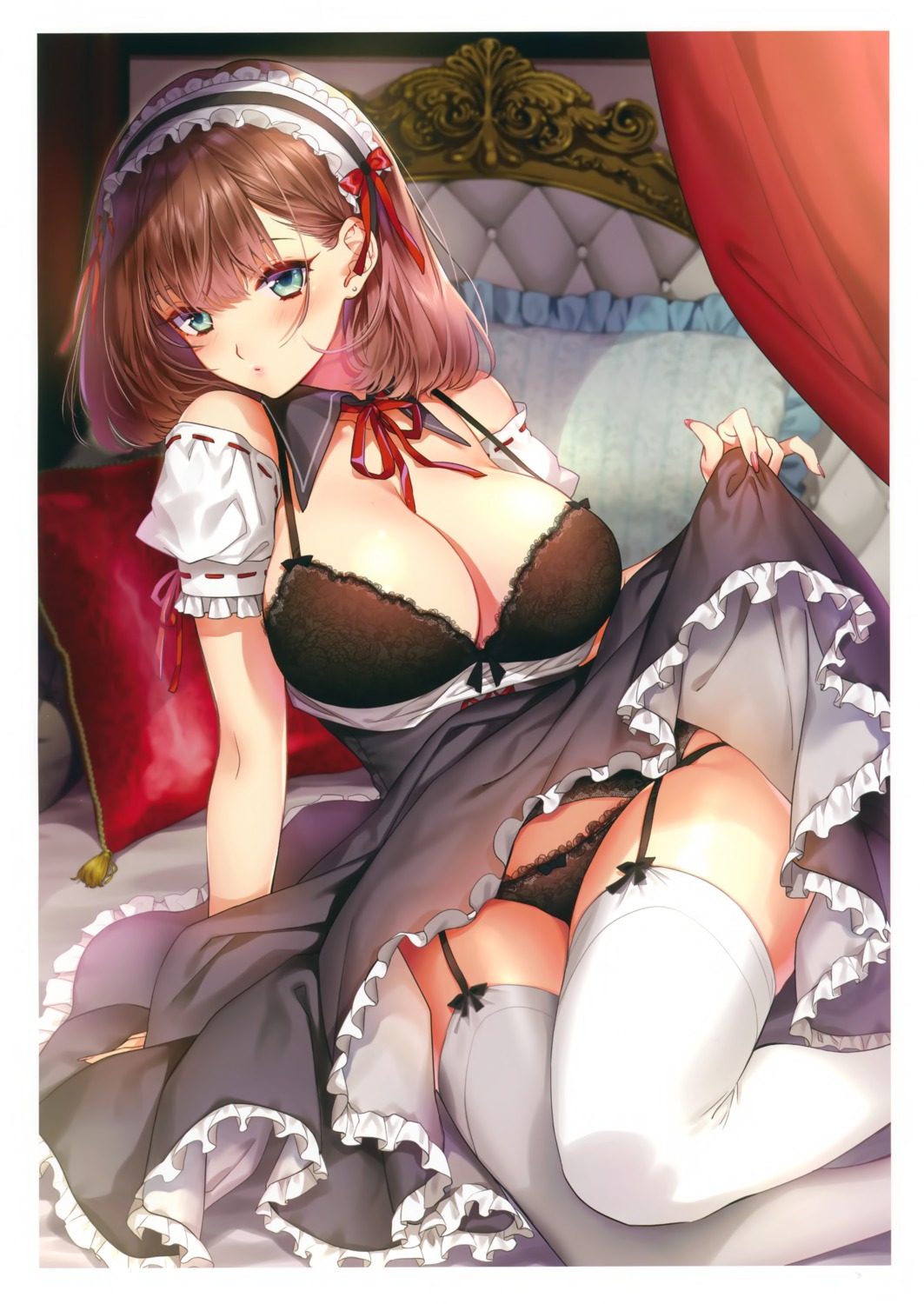 bra cleavage maid oda_suzuka open_shirt pantsu skirt_lift stockings thighhighs