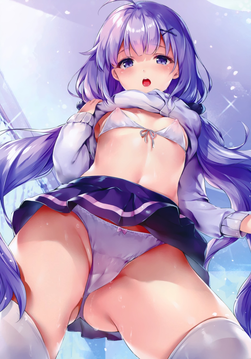 azur_lane bra cameltoe chiyingzai nipples pantsu see_through seifuku shirt_lift skirt_lift sweater thighhighs thong unicorn_(azur_lane) yuukai_kinshi