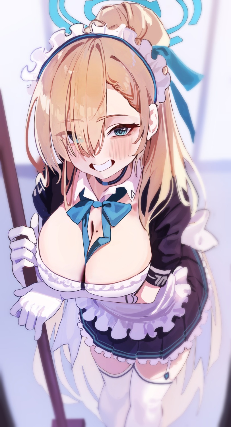 blue_archive gubbi_on halo ichinose_asuna maid no_bra stockings thighhighs