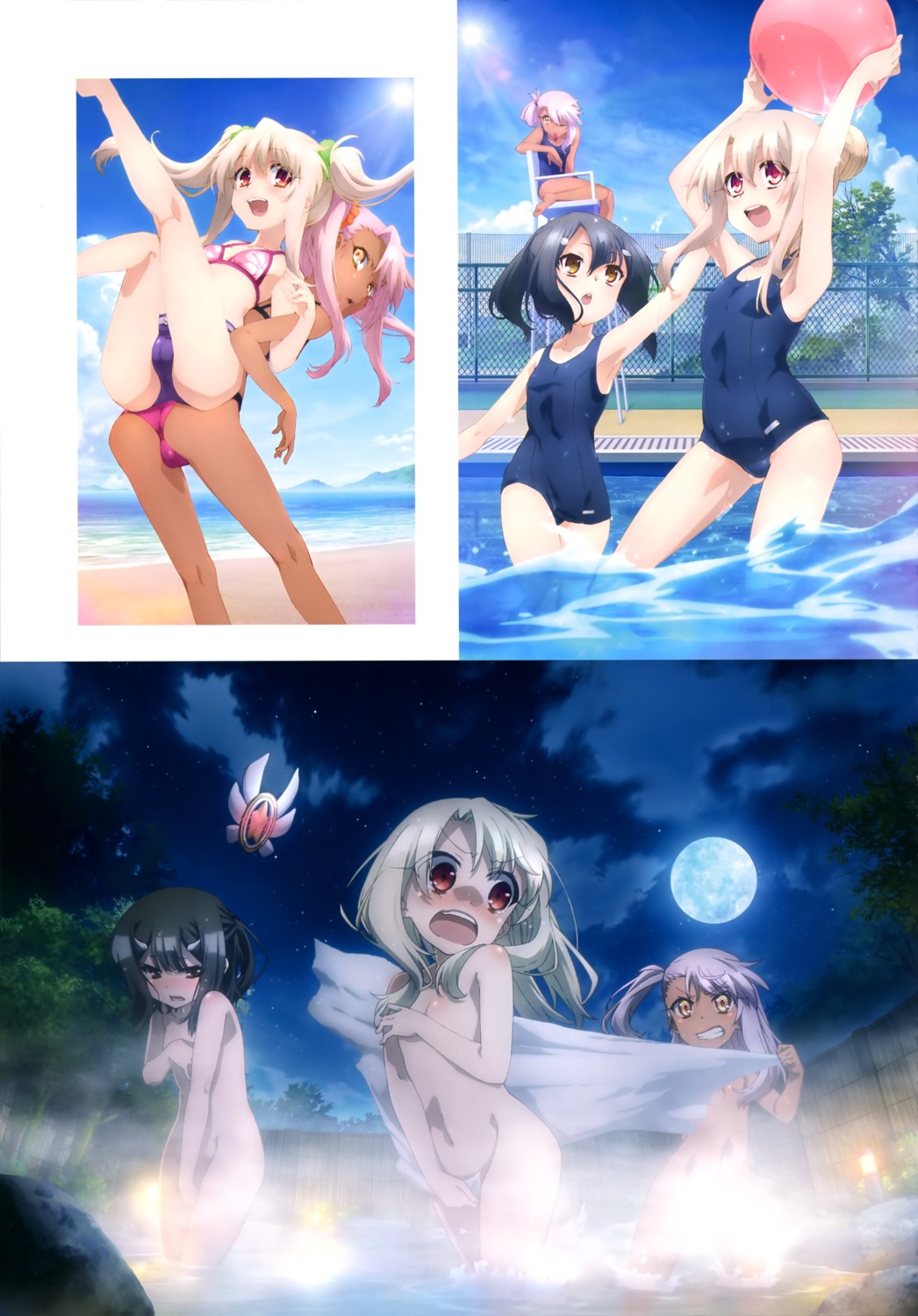 bikini breast_hold censored chloe_von_einzbern fate/kaleid_liner_prisma_illya fate/stay_night illyasviel_von_einzbern loli miyu_edelfelt naked onsen school_swimsuit swimsuits wet