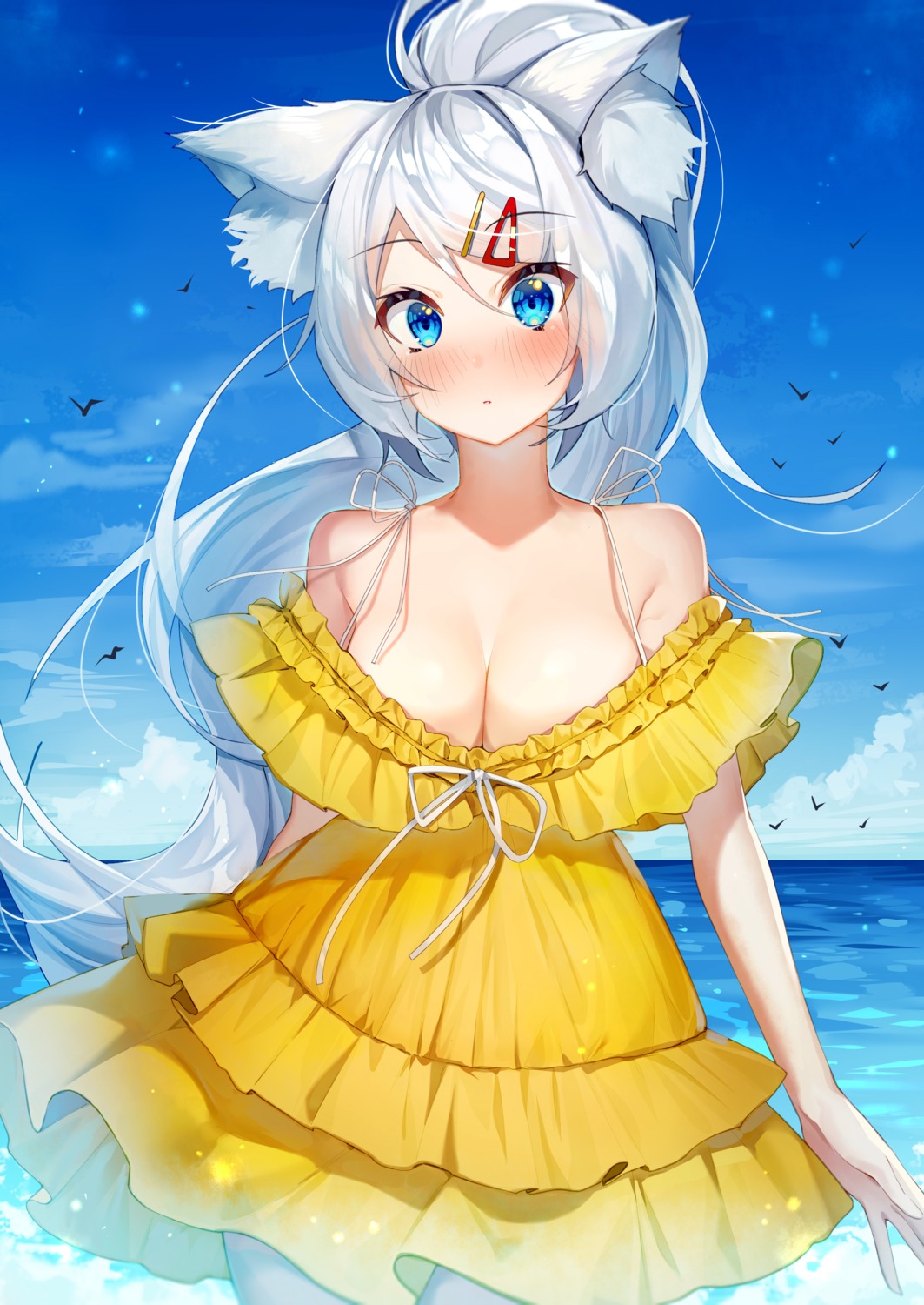 animal_ears cleavage dress ihachisu nekomimi no_bra open_shirt