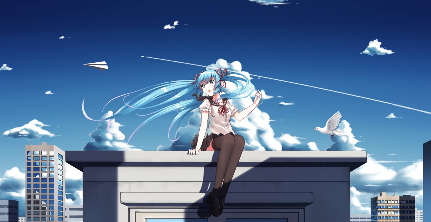 enuni hatsune_miku landscape seifuku thighhighs vocaloid