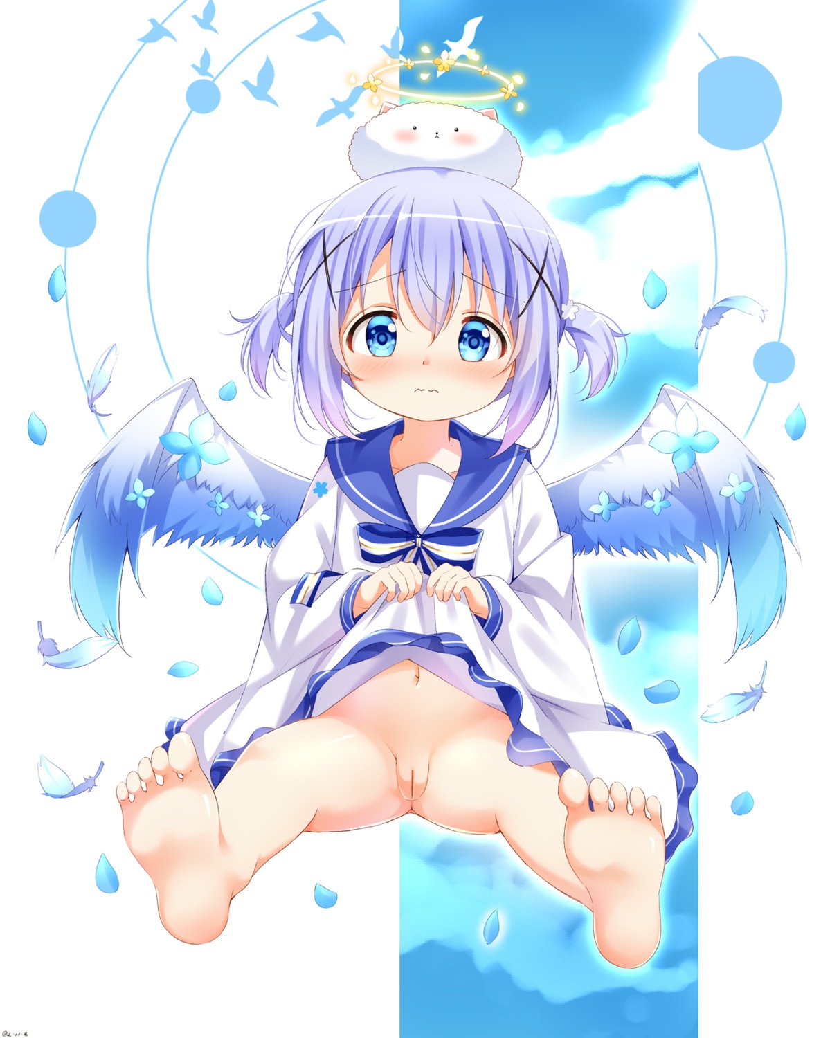 angel feet gochuumon_wa_usagi_desu_ka? kafuu_chino loli nopan painter-lhb pussy seifuku skirt_lift tippy_(gochiusa) uncensored wings