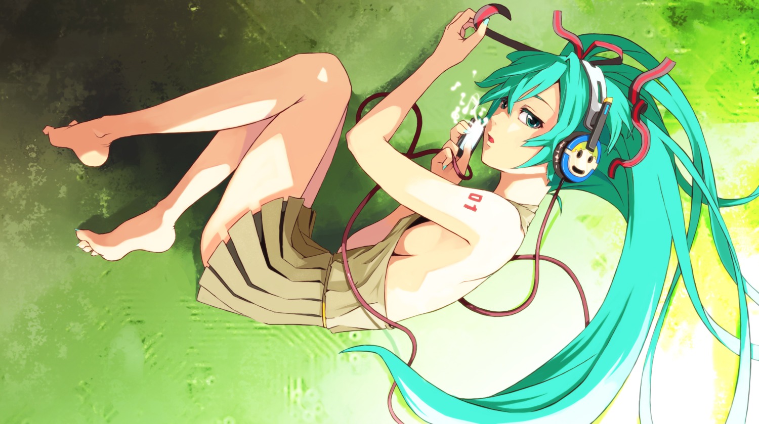 dress erurowa feet hatsune_miku headphones no_bra vocaloid