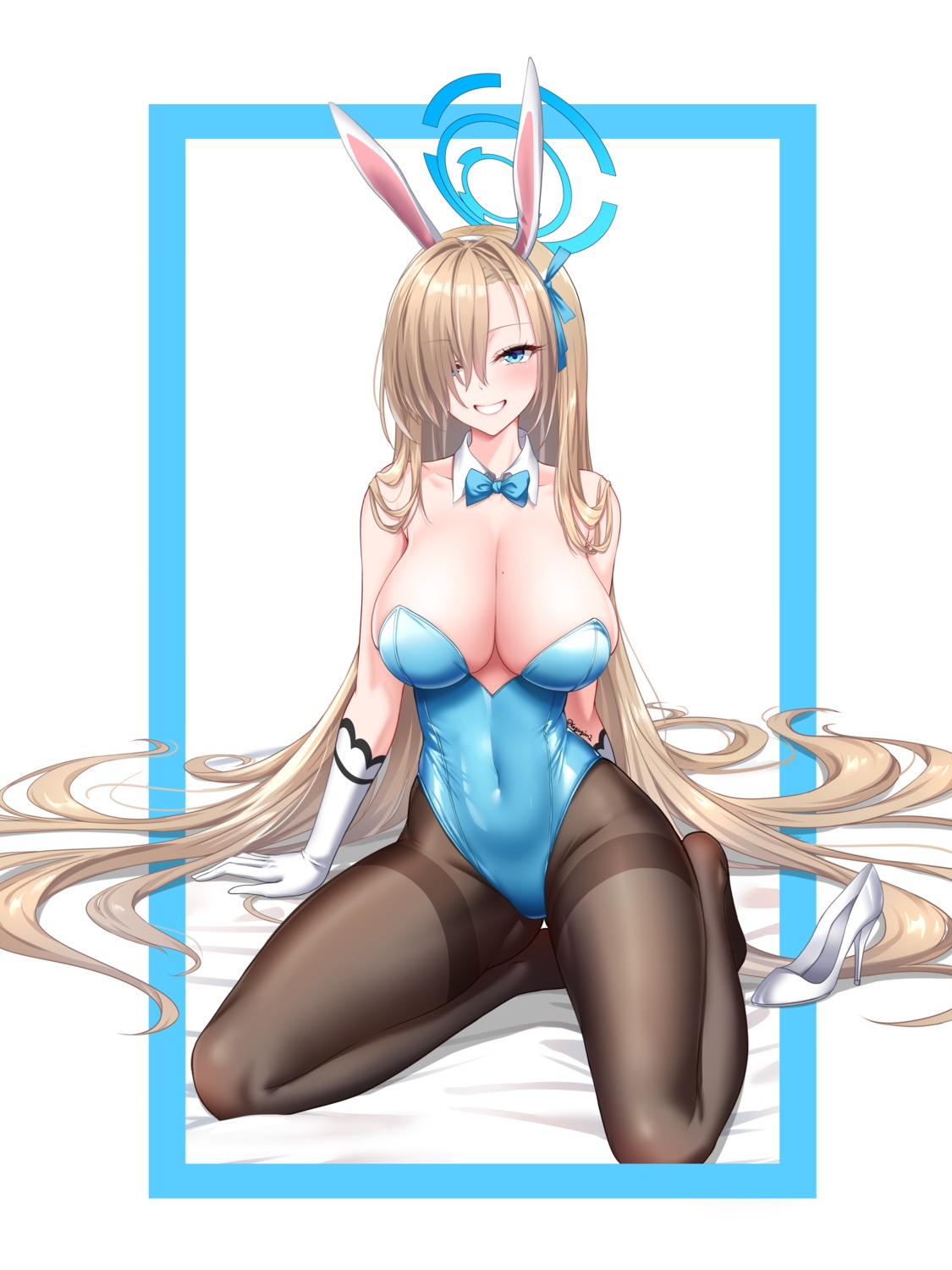 animal_ears blue_archive bunny_ears bunny_girl gukukimu halo ichinose_asuna no_bra pantyhose