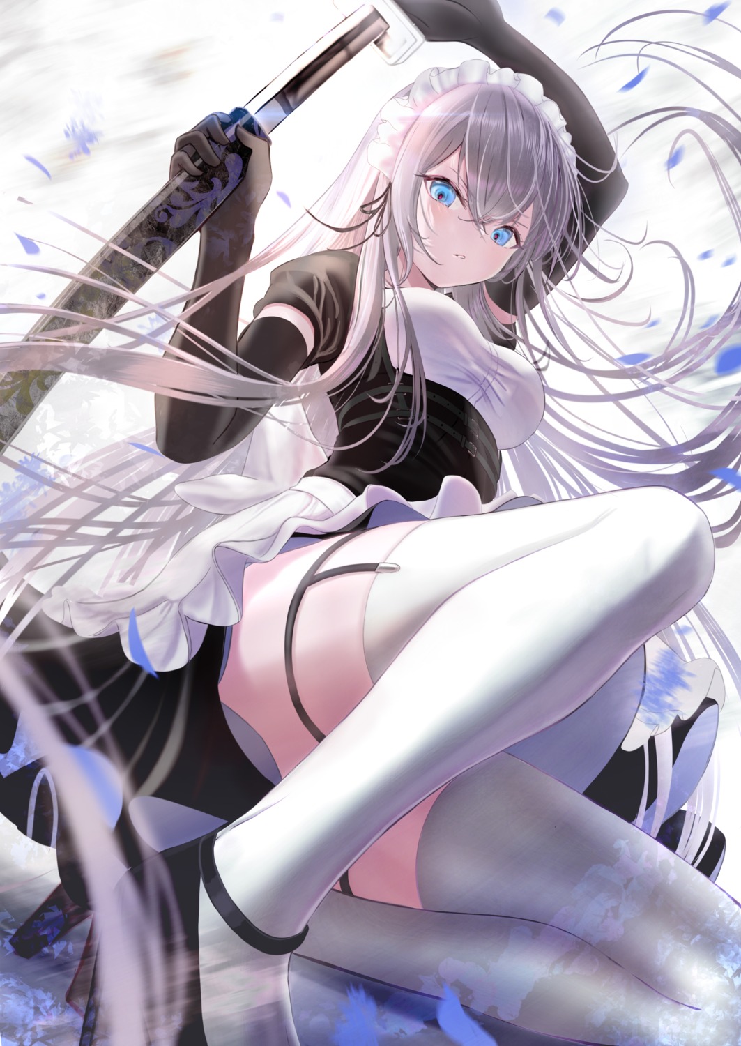 garter heels hou_no_ka maid skirt_lift stockings sword thighhighs