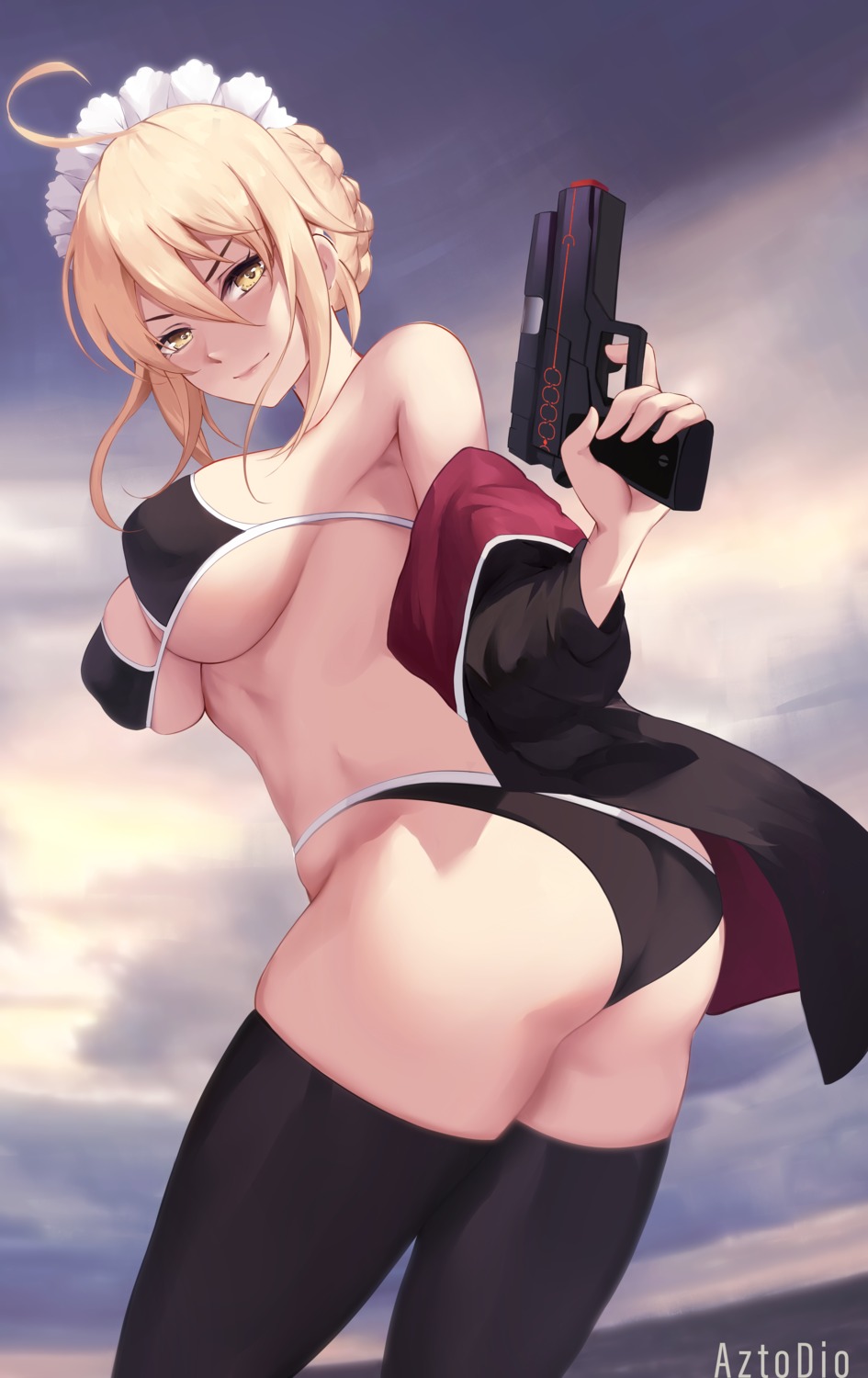 ass azto_dio bikini erect_nipples fate/grand_order gun open_shirt saber saber_alter swimsuits thighhighs thong