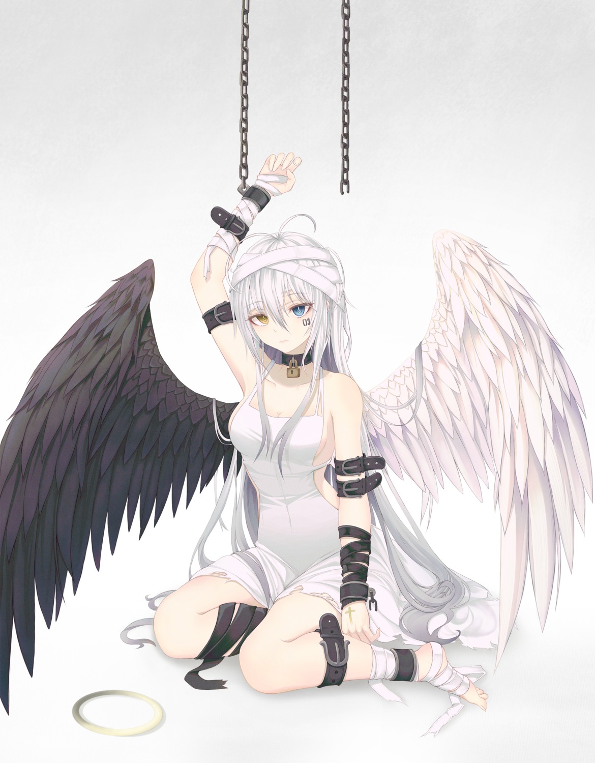 bandages bondage dress fakegeo garter heterochromia no_bra torn_clothes wings