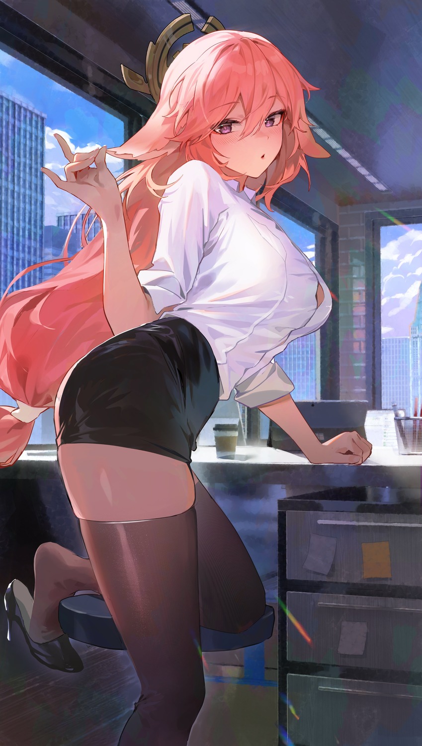 animal_ears dress_shirt genshin_impact heels kawa683 kitsune thighhighs yae_miko