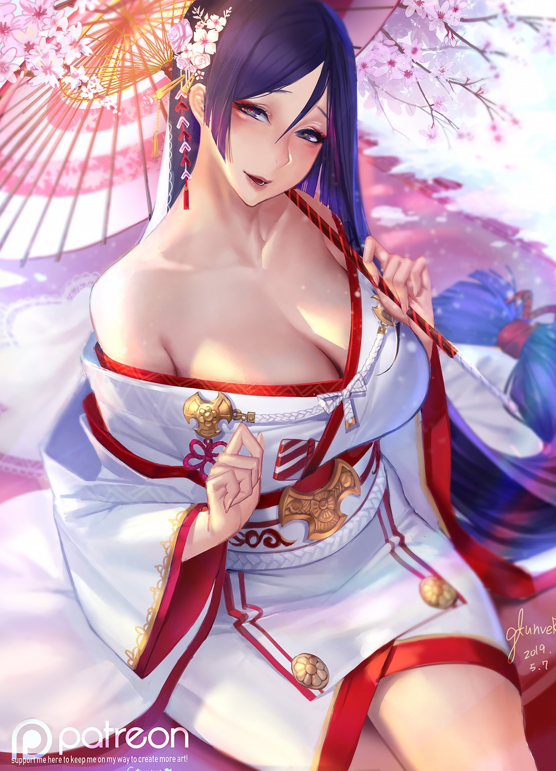 cleavage fate/grand_order gtunver japanese_clothes minamoto_no_raikou_(fate/grand_order) no_bra open_shirt umbrella