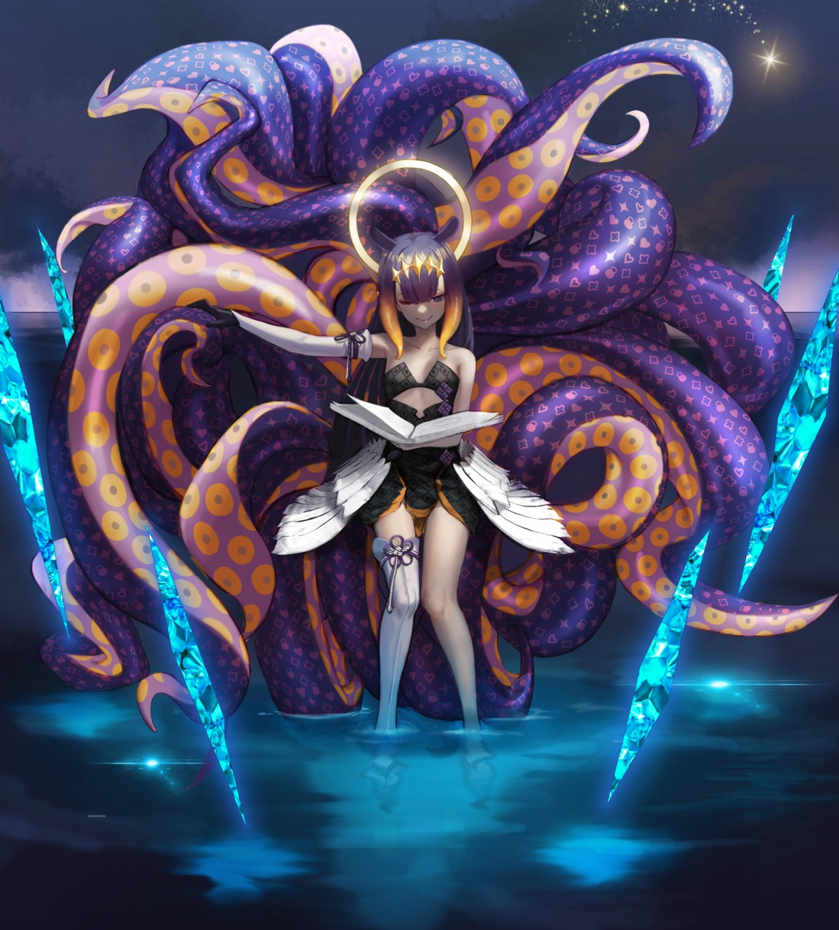 angel asian_clothes cleavage dress hololive hololive_english k.pumpkin loli ninomae_ina'nis no_bra tentacles thighhighs wet wings