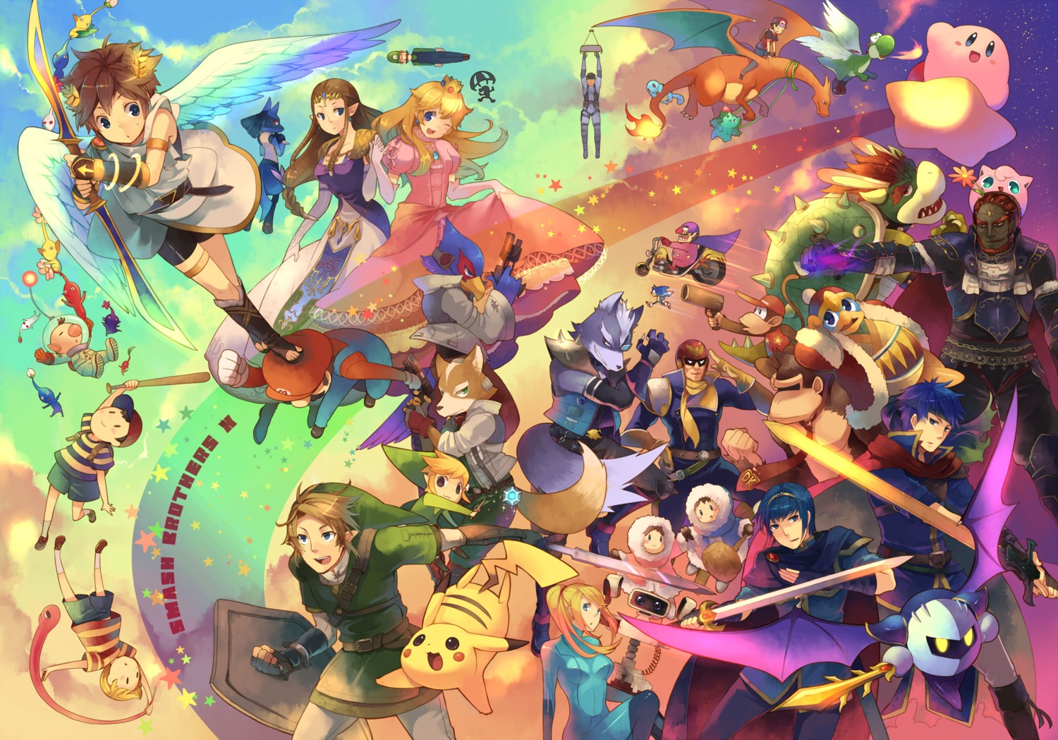 armor bike_shorts bodysuit bowser captain_falcon charizard crossover diddy_kong donkey_kong donkey_kong_(character) dress f-zero falco_lombardi fire_emblem fox_mccloud game_and_watch ganondorf garter gun hanokage ice_climber ice_climbers ike ivysaur jigglypuff kid_icarus king_dedede kirby kirby_(character) link lucario lucas luigi mario mario_bros. marth meta_knight metal_gear metal_gear_solid metroid mother mr._game_and_watch nana_(ice_climber) ness olimar pikachu pikmin pit pointy_ears pokemon pokemon_trainer popo princess_peach_toadstool princess_zelda r.o.b samus_aran skirt_lift solid_snake sonic sonic_(character) squirtle star_fox super_smash_bros. sword the_legend_of_zelda wario weapon wings wolf_o'donnell yoshi