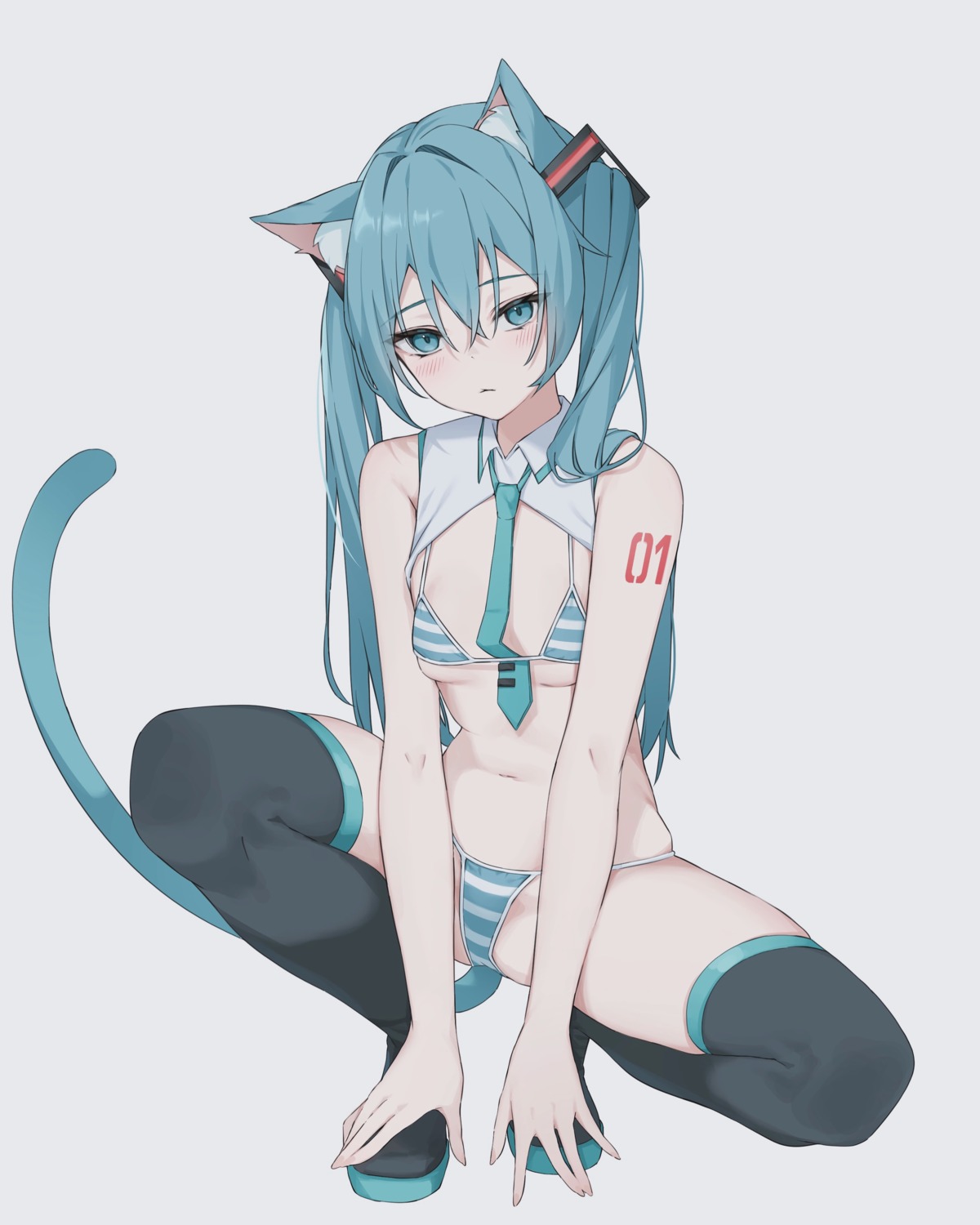 animal_ears awaki224 bikini hatsune_miku nekomimi swimsuits tail tattoo thighhighs thong vocaloid