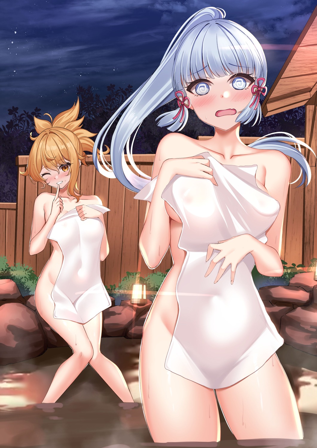 genshin_impact kamisato_ayaka naked onsen sweetcheese towel wet yoimiya