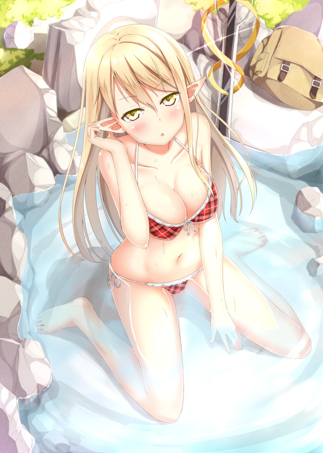 bikini cleavage feet karutamo million_arthur_irakon_natsu pointy_ears swimsuits sword wet