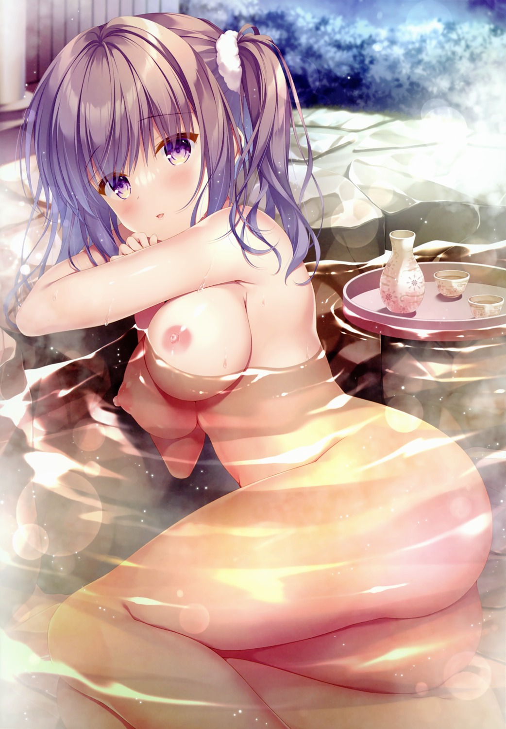 ass bathing naked nipples onsen sake takano_yuki ui_(takano_yuki) wet